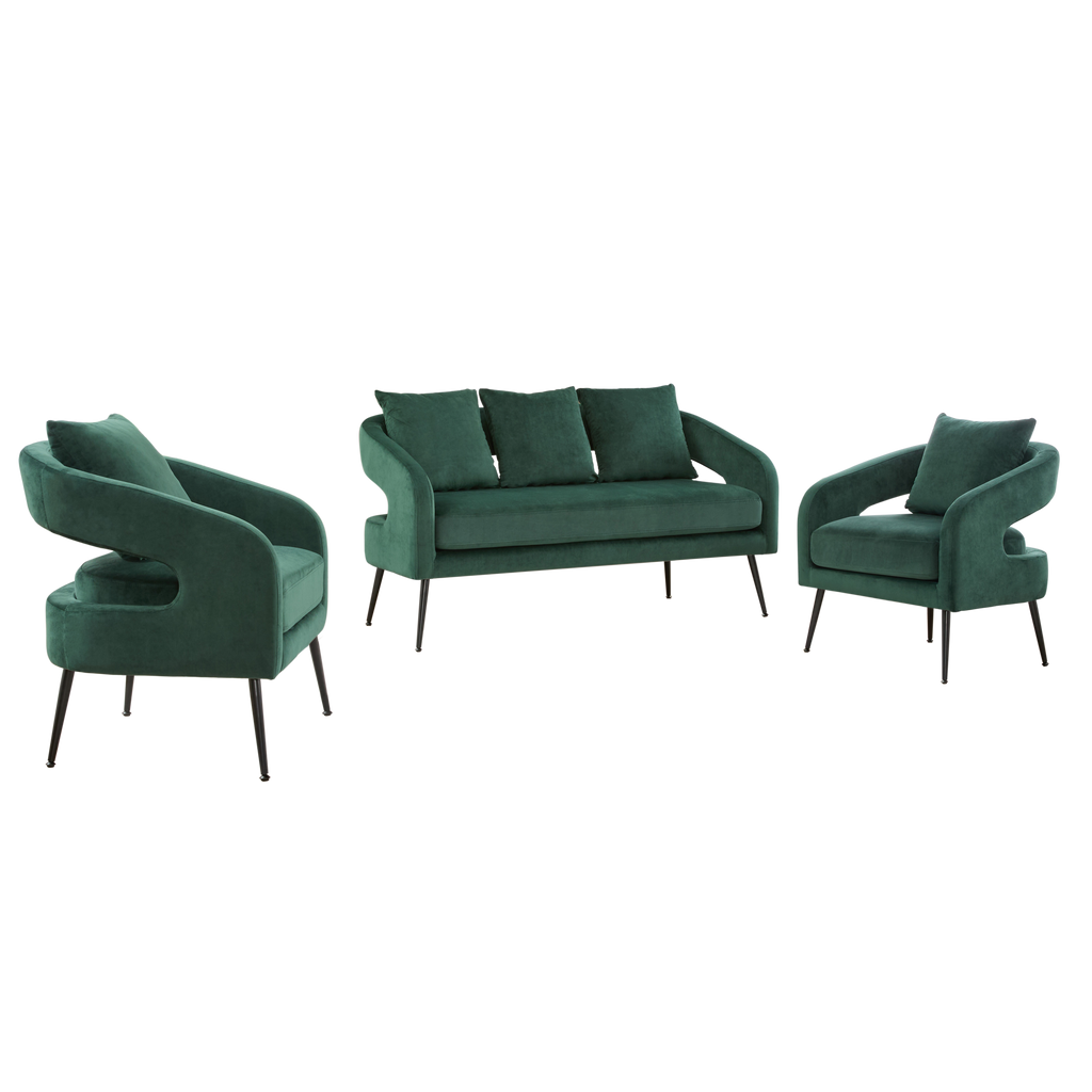 Mid Century Modern 3-Piece Velvet Upholstered Sofa Set with Metal Legs, Green, Loveseat & 2 Accent Chairs for Small Living Spaces