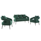 Mid Century Modern 3-Piece Velvet Upholstered Sofa Set with Metal Legs, Green, Loveseat & 2 Accent Chairs for Small Living Spaces