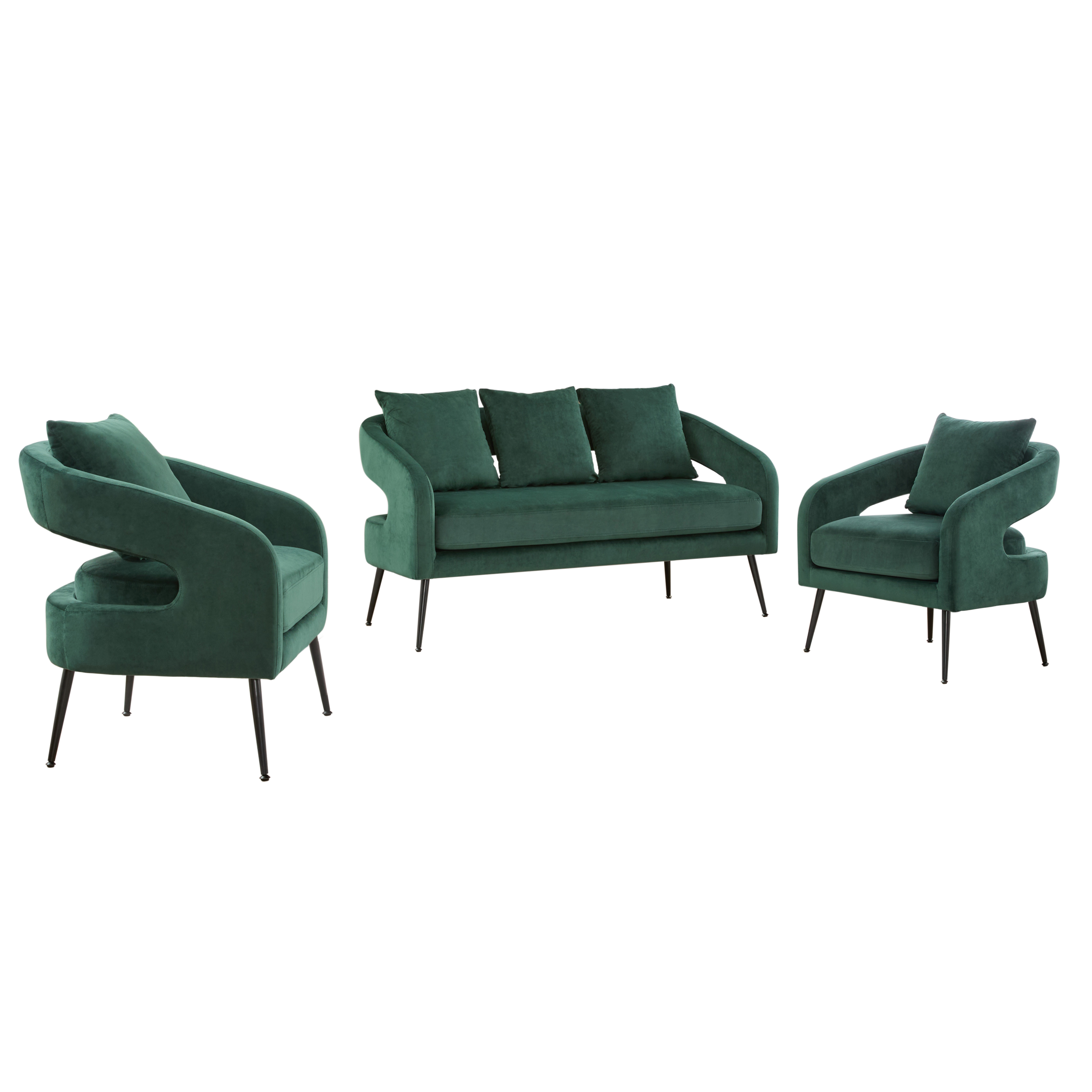 Mid Century Modern 3-Piece Velvet Upholstered Sofa Set with Metal Legs, Green, Loveseat & 2 Accent Chairs for Small Living Spaces