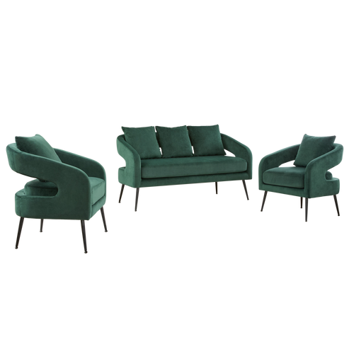 Mid Century Modern 3-Piece Velvet Upholstered Sofa Set with Metal Legs, Green, Loveseat & 2 Accent Chairs for Small Living Spaces.