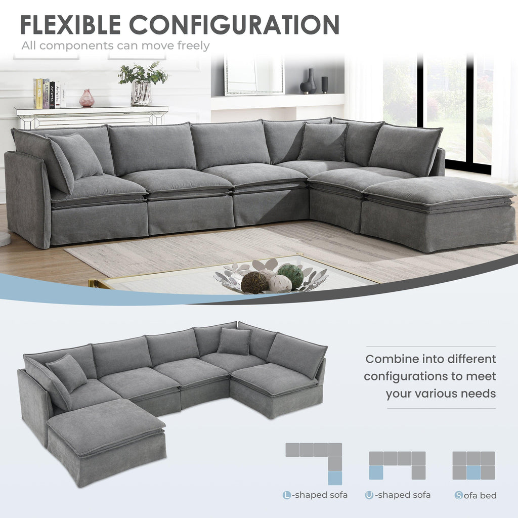 Modular Sectional Sofa with Movable Ottoman, 6-Seat L Shape.