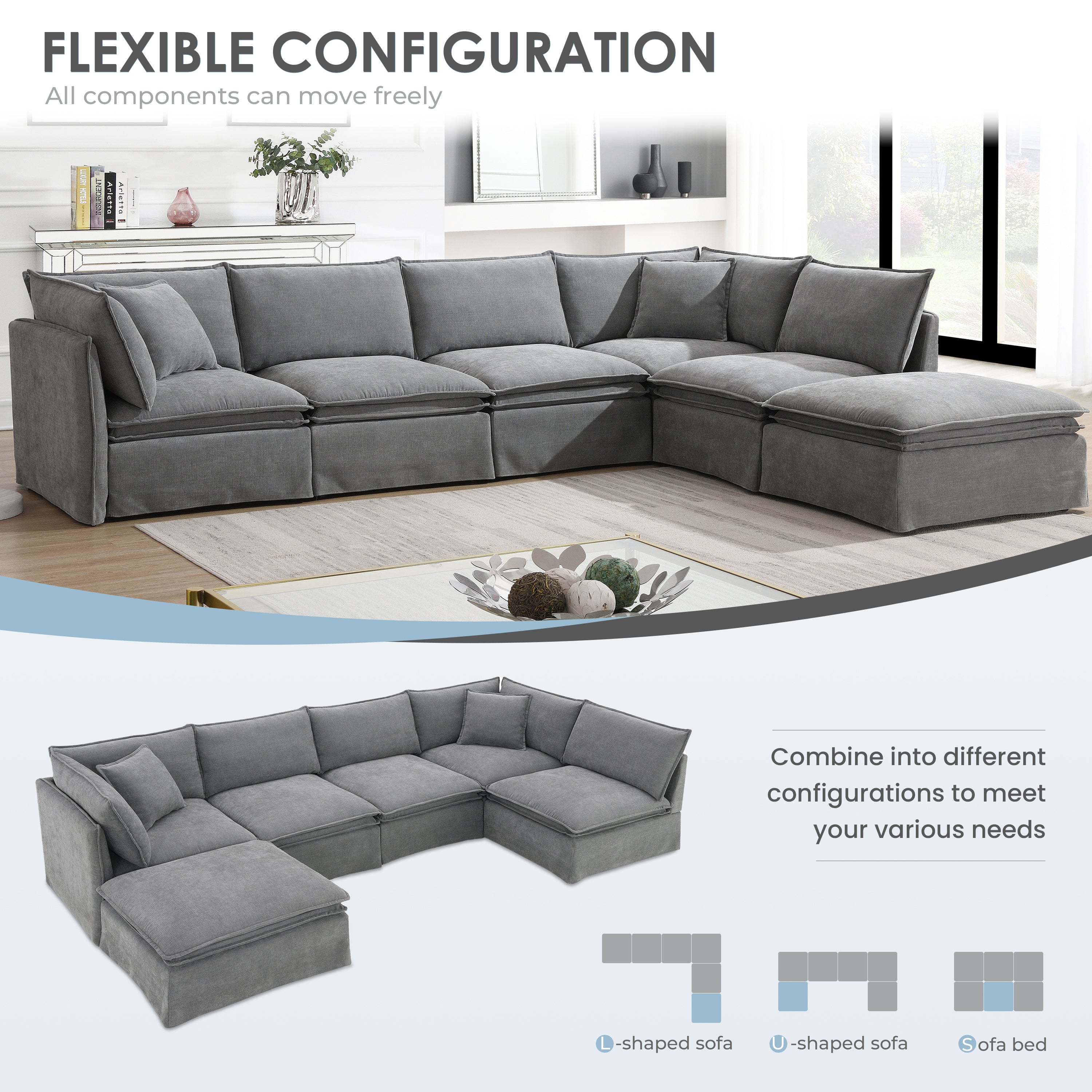 Flexible configuration of 6-seat modular sectional sofa with movable ottoman, showcasing L-shape, U-shape, and bed layout options.