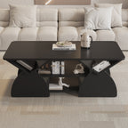 Front view of engineered coffee table with wood storage and geometric design, showcasing books and decorative items.
