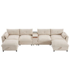 Modular sectional sofa with centered wooden console and plush seating, designed for modern living room comfort and utility.