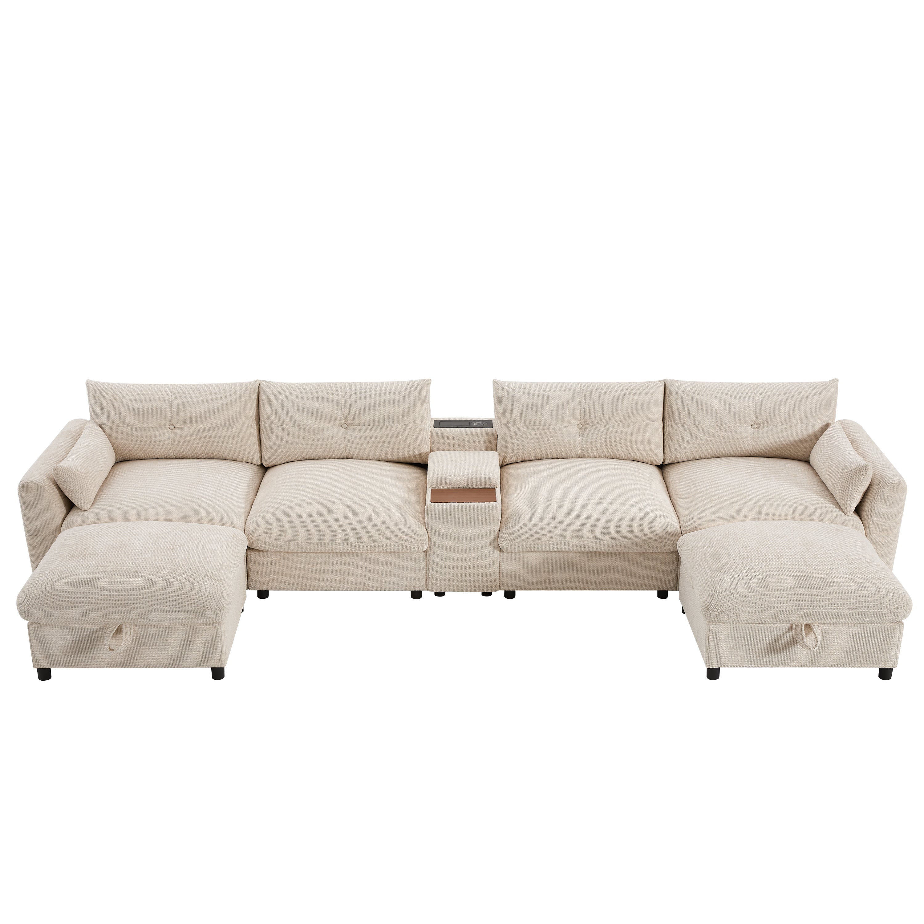 Modular sectional sofa with centered wooden console and plush seating, designed for modern living room comfort and utility.
