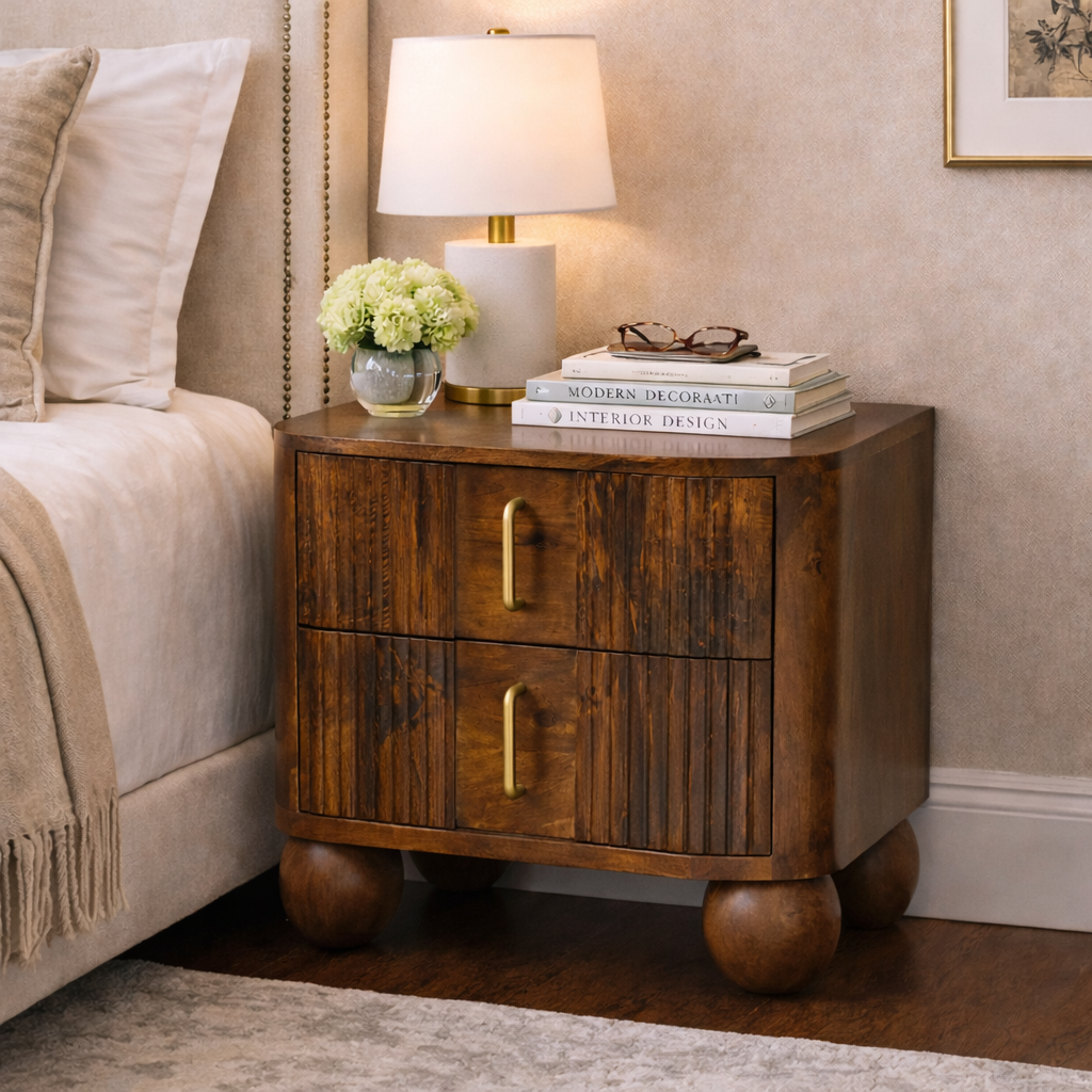 Dark brown solid wood nightstand with two fluted drawers, brass pulls, and rounded ball feet in a modern bedroom.