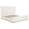 Cream boucle Eastern king sleigh bed with tall wingback headboard, upholstered frame, and natural solid wood base.