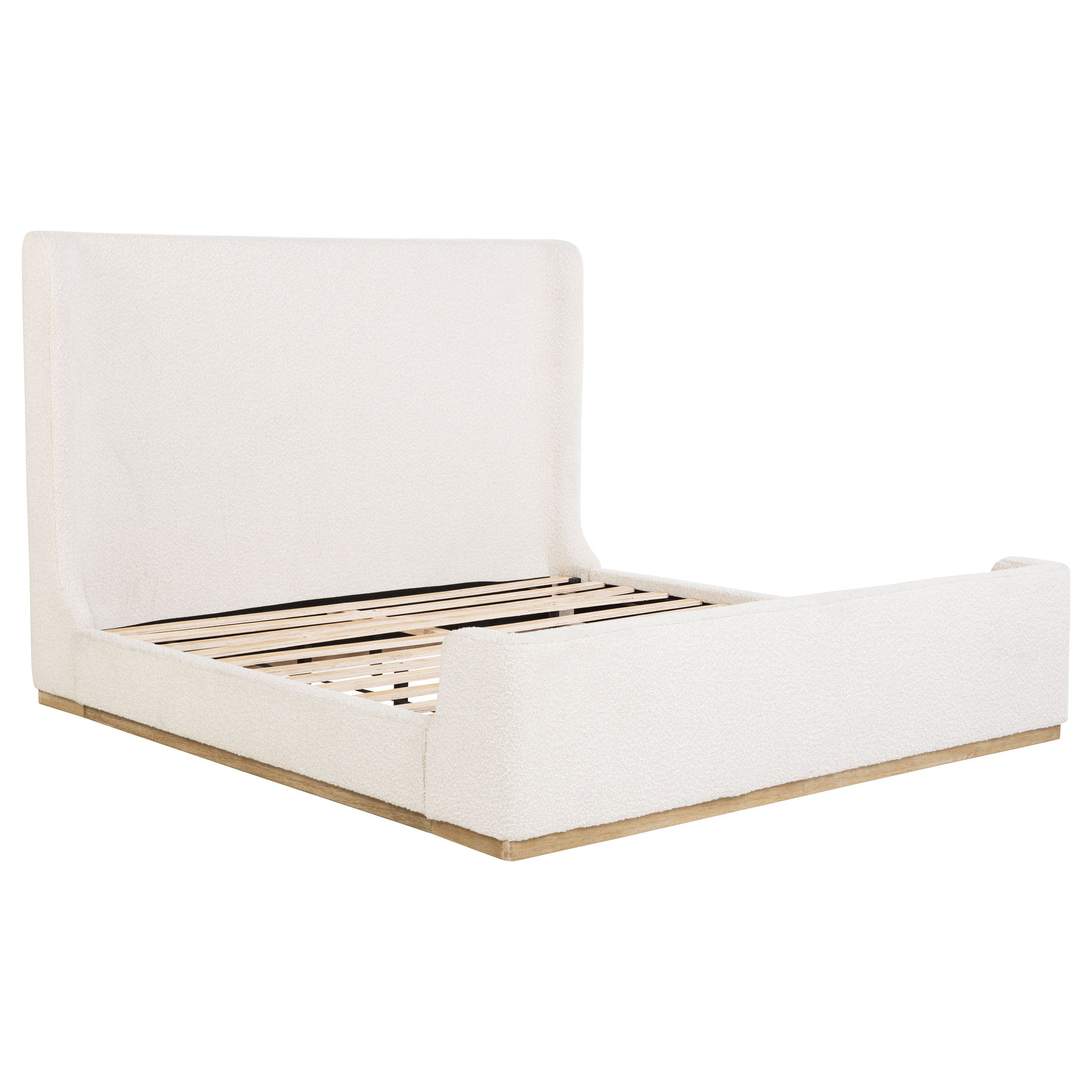 Cream boucle Eastern king sleigh bed with tall wingback headboard, upholstered frame, and natural solid wood base.