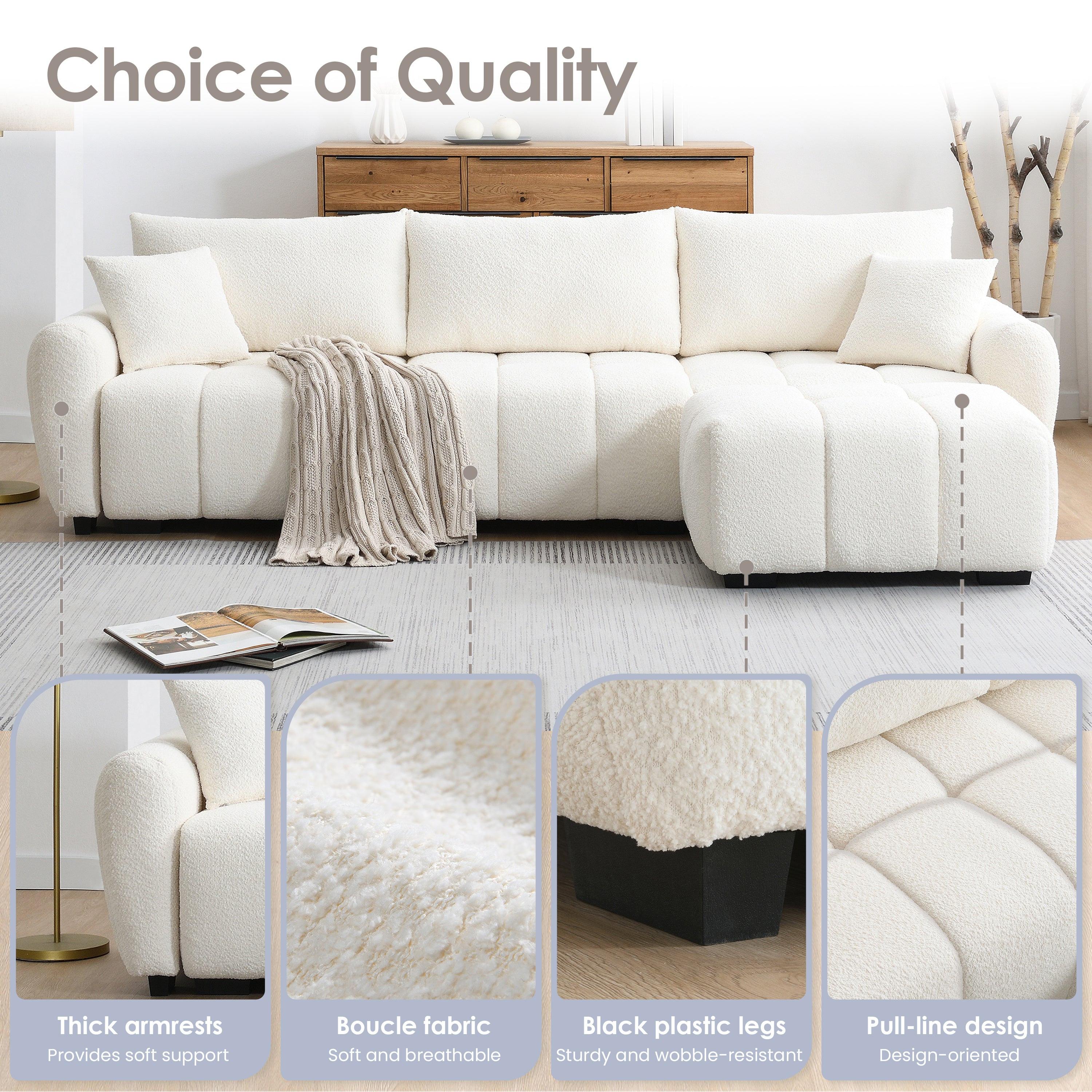 Modular Sectional Sofa with Movable Ottoman & Boucle Fabric.