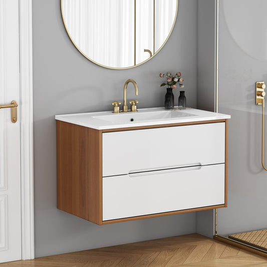 32-Inch Wall-Mounted Bathroom Vanity With 3 Holes Sink Combo, Cabinet With Double Drawers,Soft-Close System,Ceramic Sink,Solid Wood,Easy to Install,Unique Handle-Free Design,Walnut+White