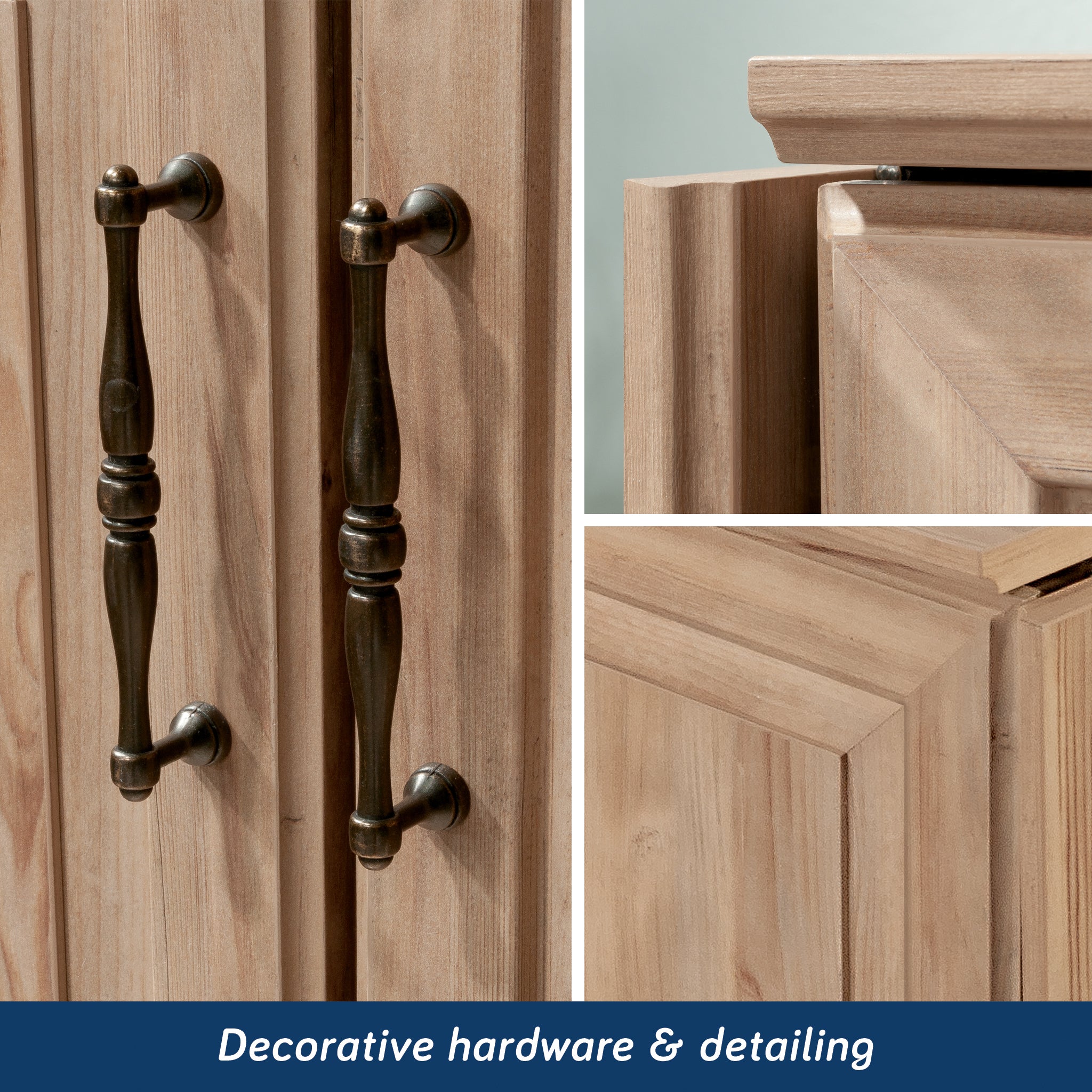 Close-up of Craft Cart with Storage for Home showing decorative hardware and detailed wood finish for stylish appeal.