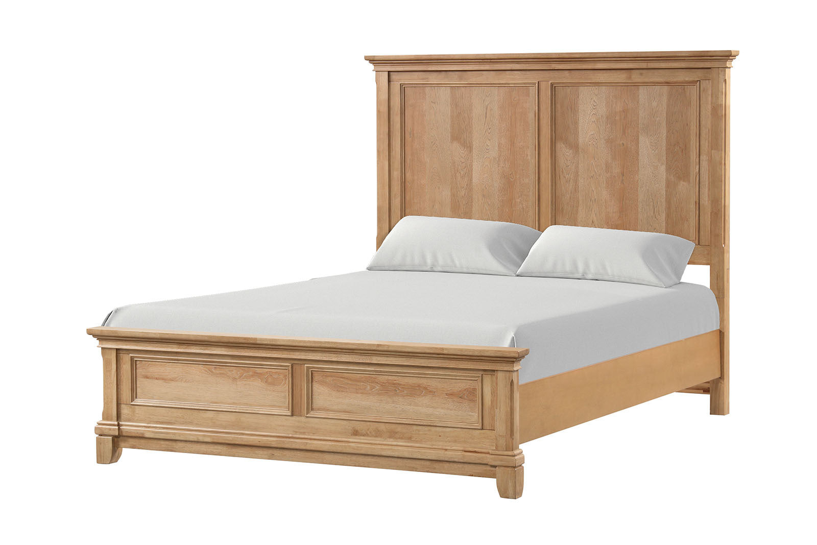 Solid wood king bed with natural oak finish and farmhouse design, showcasing a high paneled headboard and sturdy footboard.