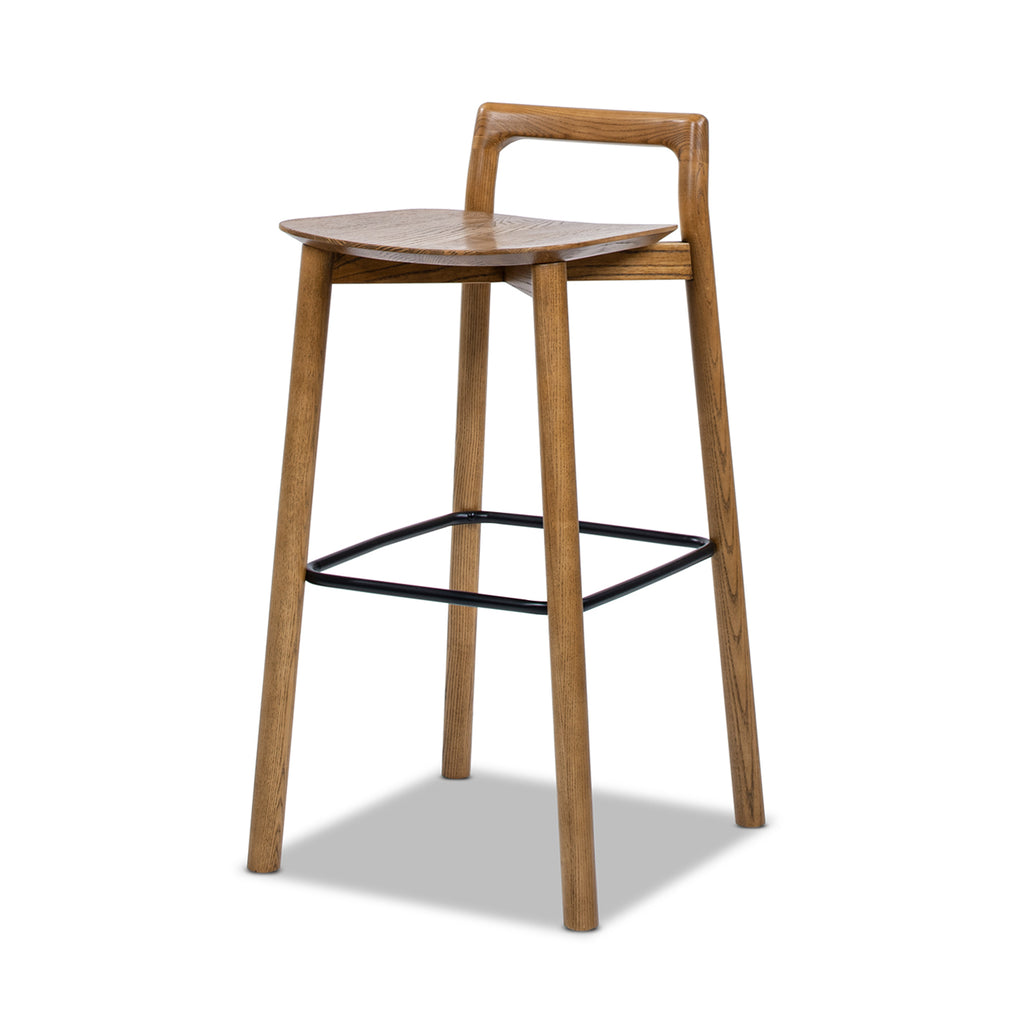 Angled view of Sven 30' modern low back barstool in dark brown walnut ash wood showing curved seat and black footrest.