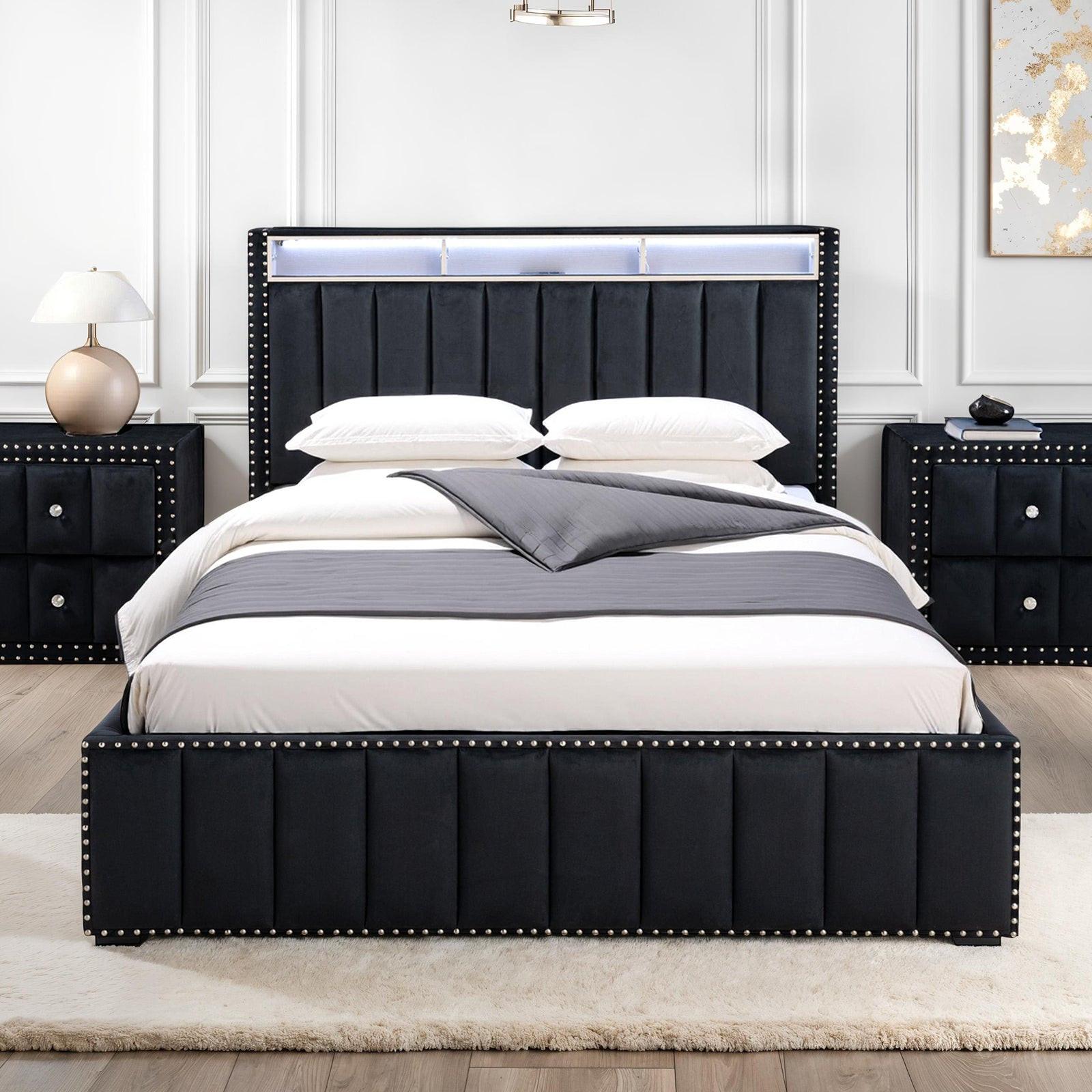 Luxury Queen Size Bed And 2 Nightstands Furniture Set.