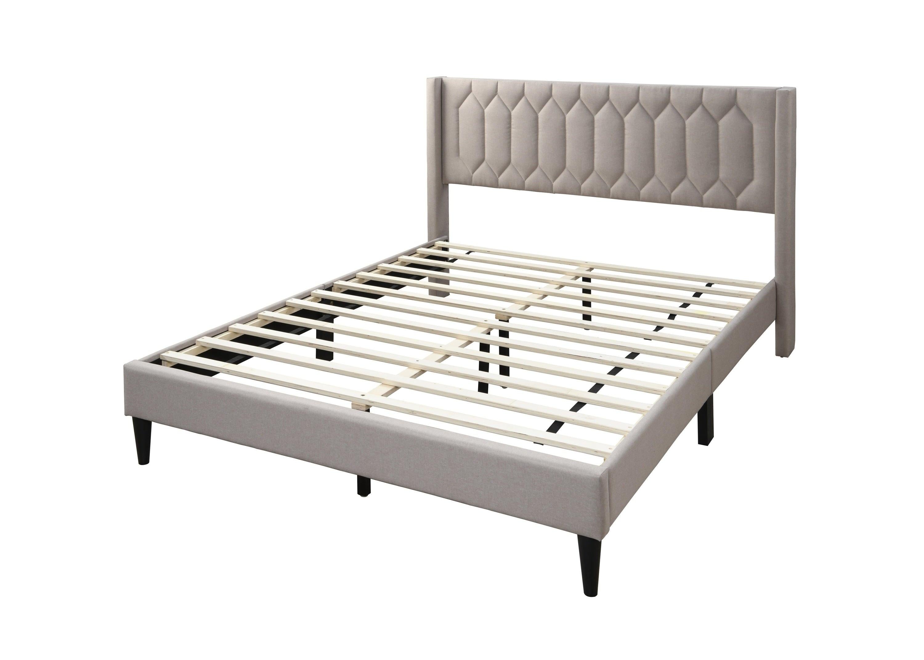 Full Size Burlap Fabric Bed Frame with Diamond Design.