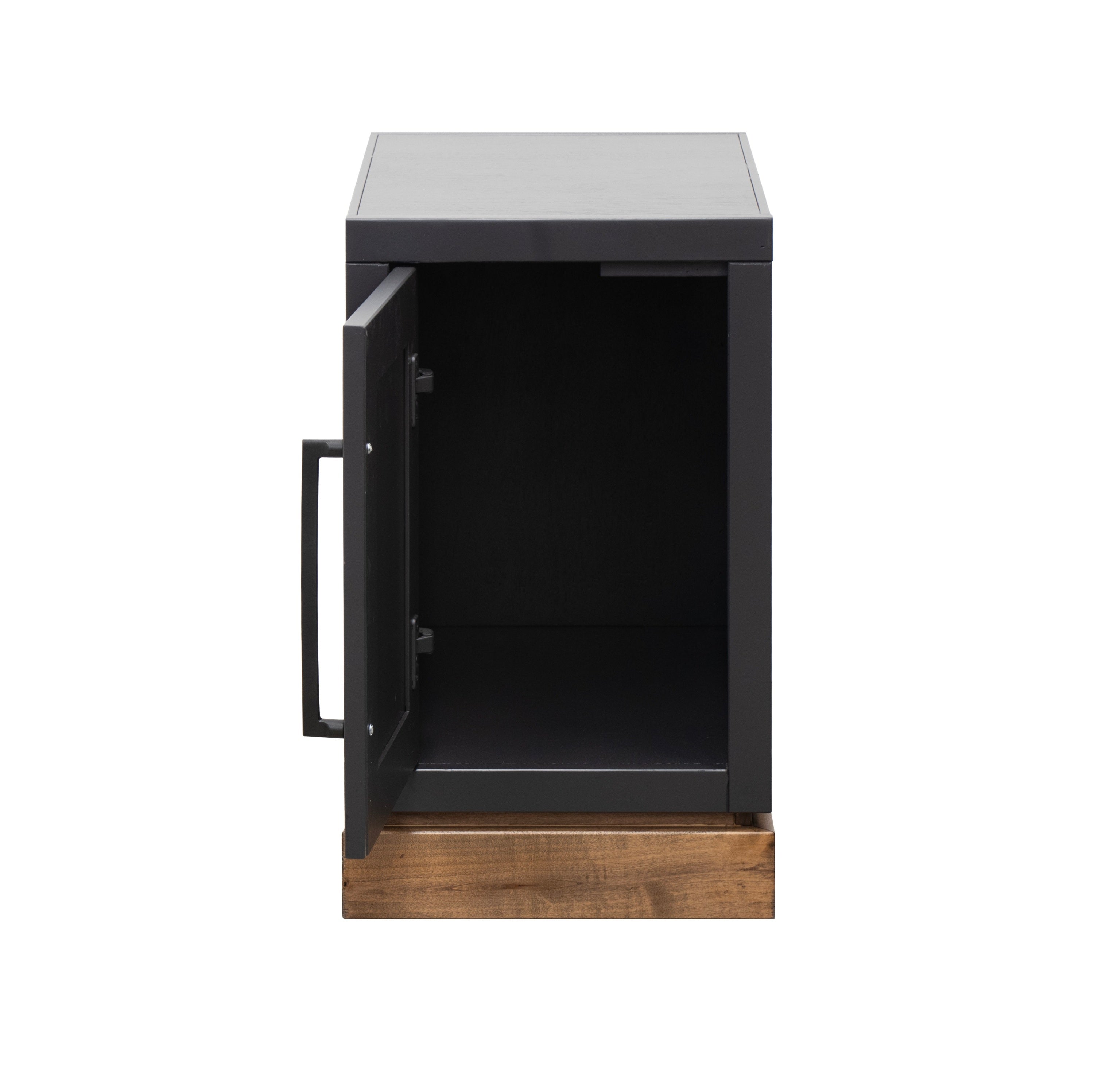 Open door view of Nora Chairside Table - Black Whiskey Finish revealing interior storage space for books or accessories.