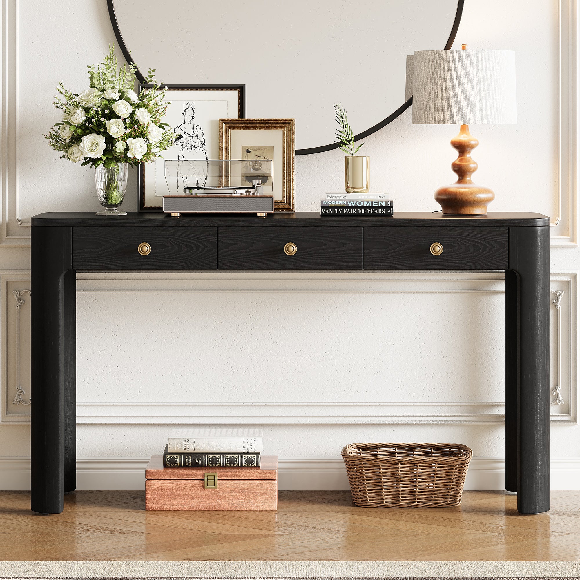 TREXM black console table in rustic style with three drawers and curved corners, styled in a hallway with decor and lighting.