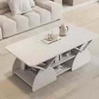 Angled view of engineered wood coffee table with modern design and multiple storage areas. Complements minimalist living spaces.