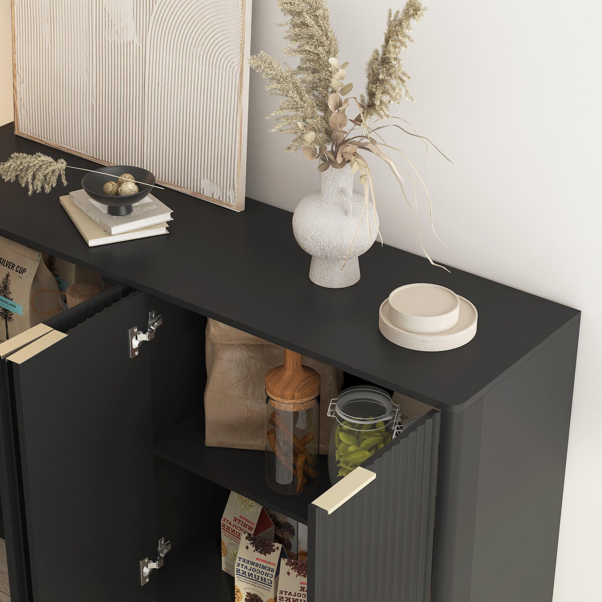 Black Modern Buffet Cabinet with Storage & Adjustable Shelves.