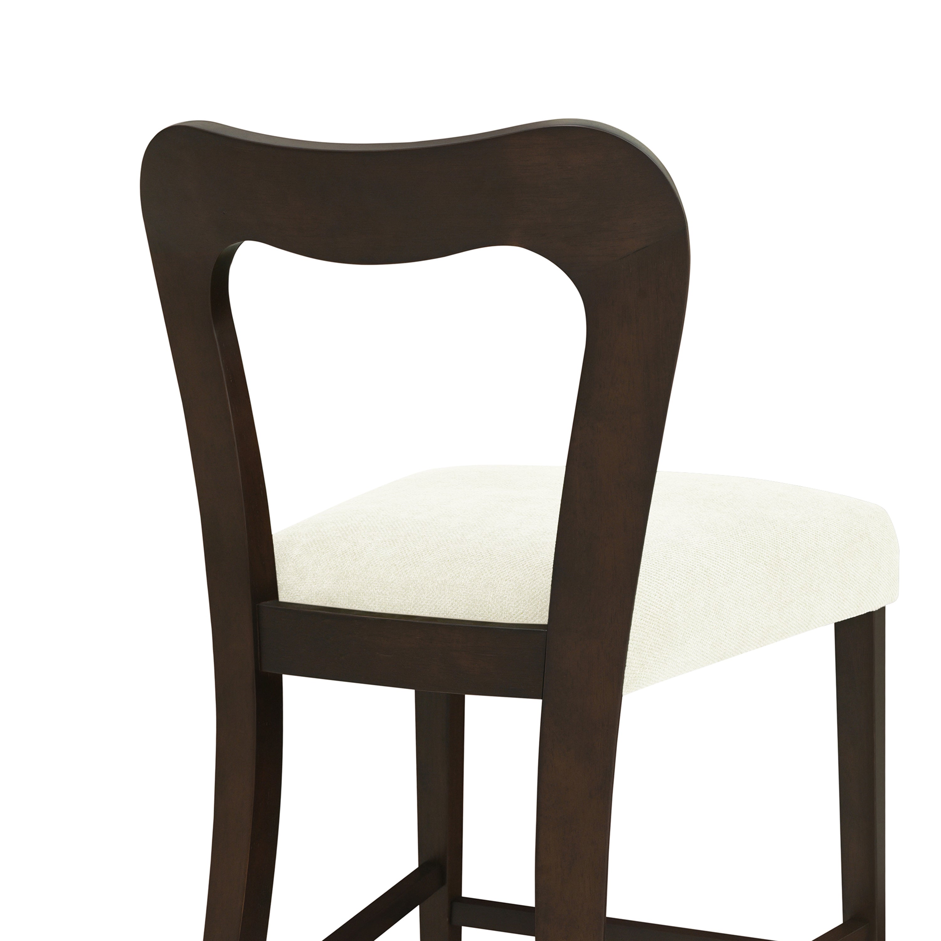 Detail of backrest on Counter Stool Set of 2 - Dark Brown + Beige with smooth curved design and wood finish.