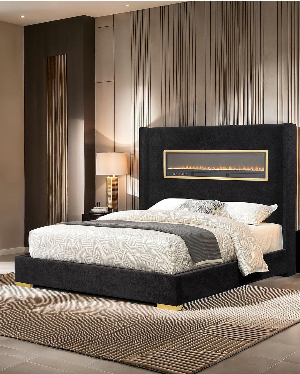 Contemporary Style Black Color 1pc Queen Size Bed Upholstered Fabric Bedframe Bedroom Furniture 3D Fireplace HB.