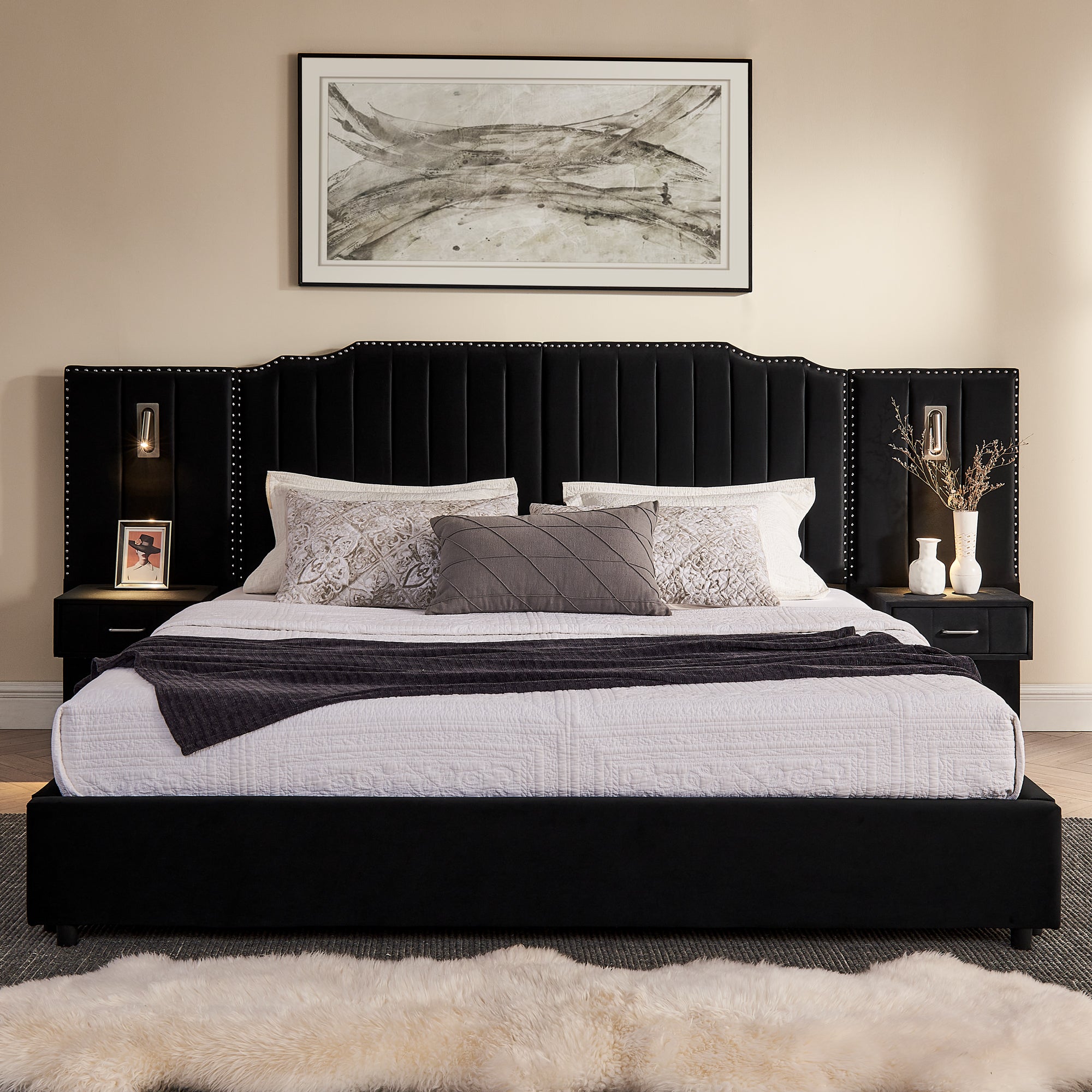 Front view of King Size Upholstered Bed Frame in Black Velvet with plush headboard, decorative pillows, and soft area rug.