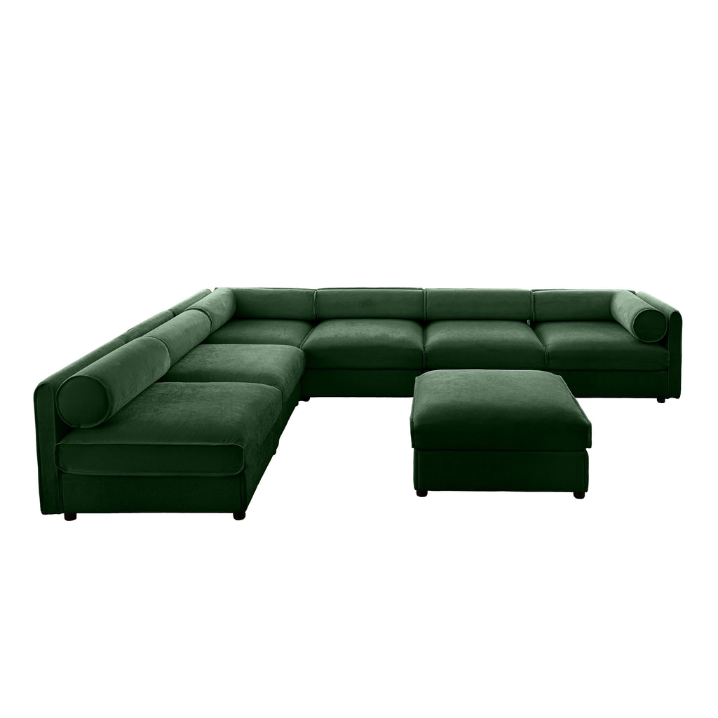 Modern 6-piece modular sectional in soft green chenille with cylindrical bolsters and a matching storage ottoman.