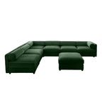 Modern 6-piece modular sectional in soft green chenille with cylindrical bolsters and a matching storage ottoman.