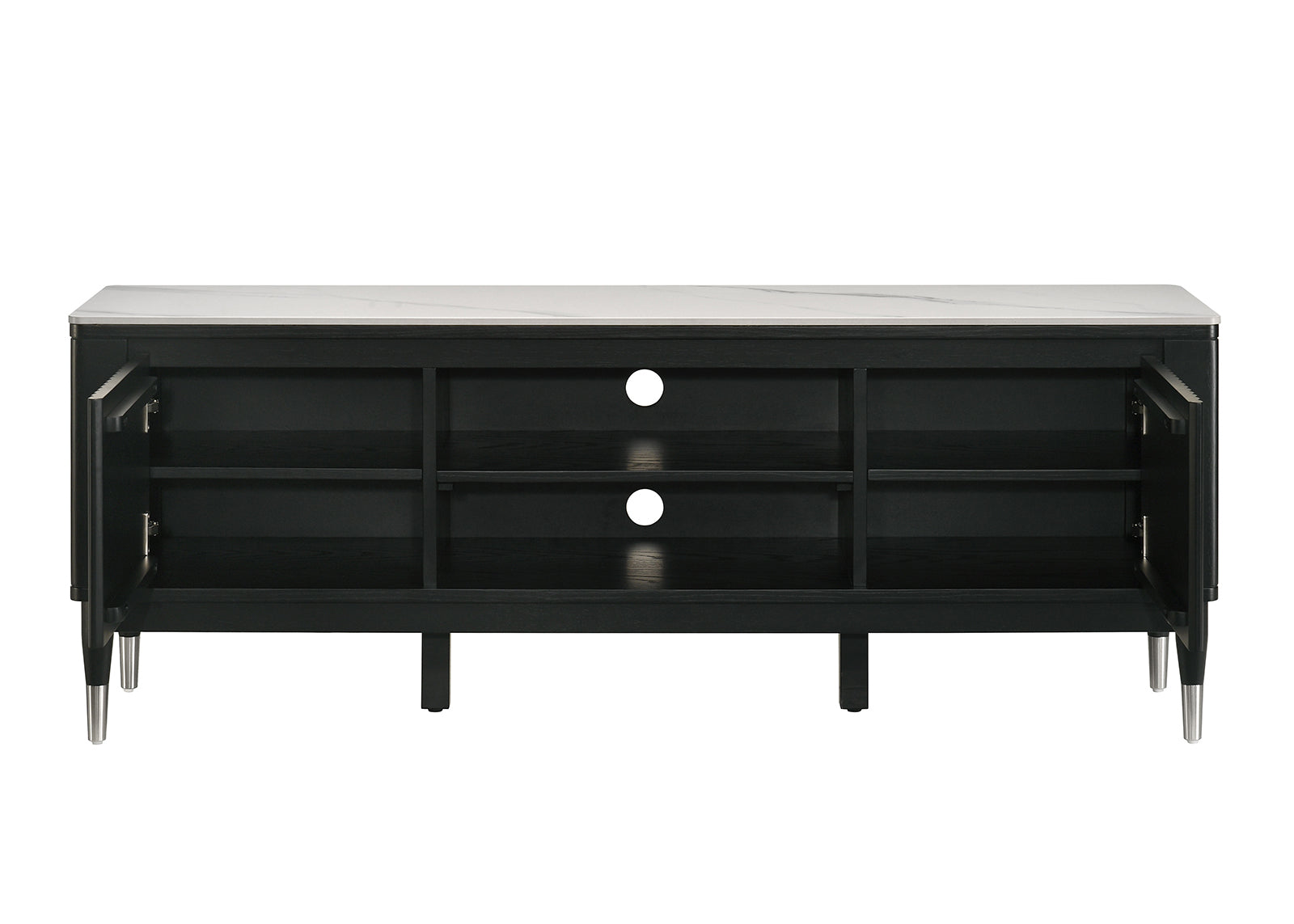 Back view of Contemporary TV Console showing open storage compartments and cable management holes, designed for modern media organization.