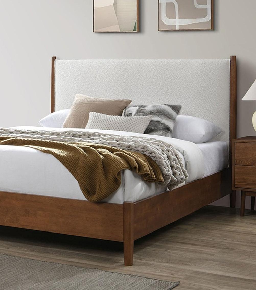 Full Size Mid-Century Modern Bed with Walnut Color Panel Headboard.