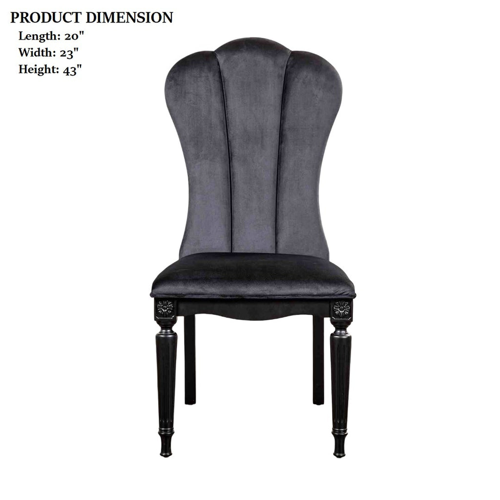 Black dining room side chair with fluted legs shown with dimensions: 20" length, 23" width, 43" height.