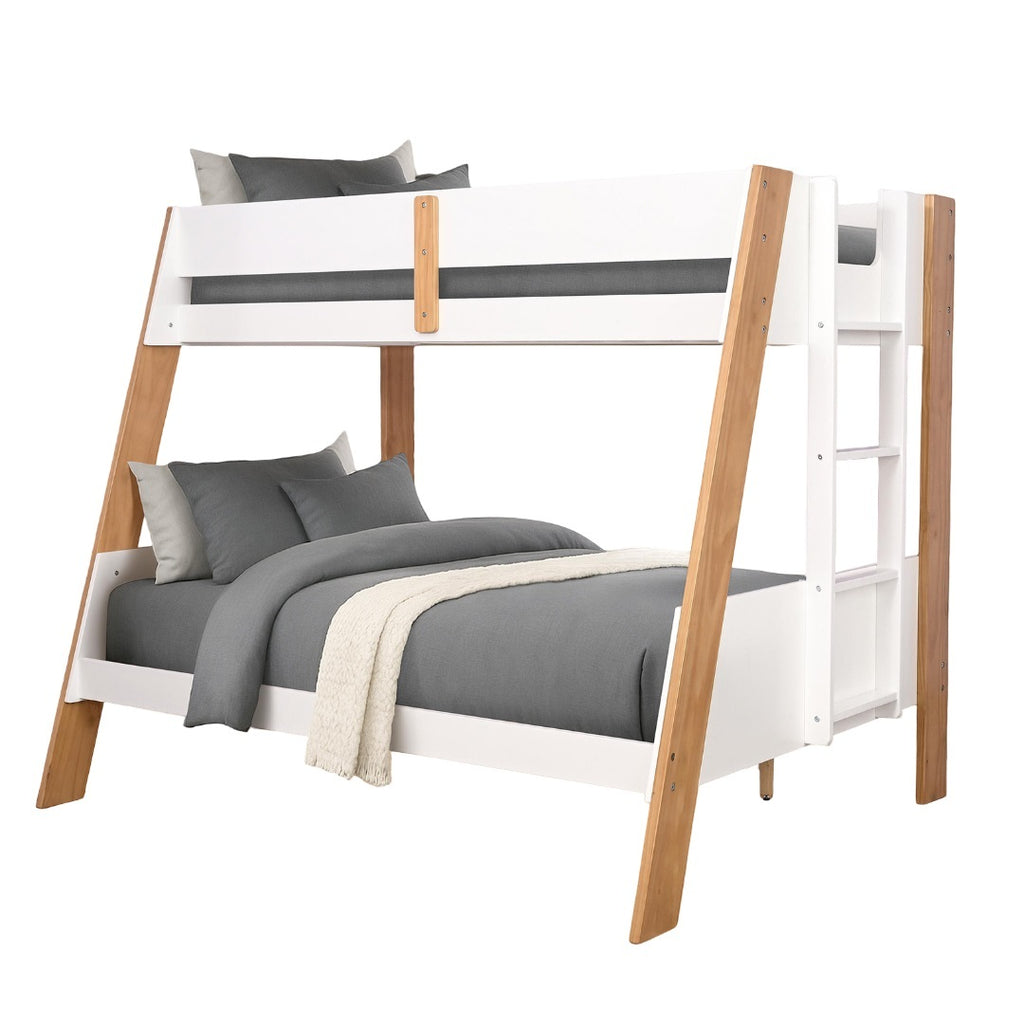 Twin over full bunk bed with ladder and natural finish, showcasing durable wood frame and minimalist design.