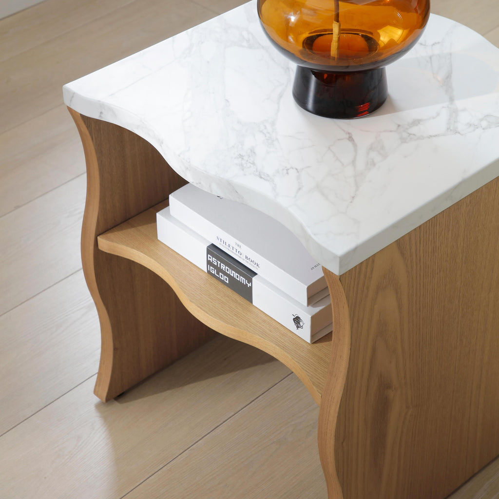 17.72' Whisper of Waves Modern End Table w/ Storage Shelf, Faux Marble Table w/ Solid Wood Veneered Table Base, Bedroom Nightstand, Accent Side Table for Living Room Apartment, Natural Wood Color.