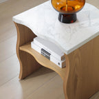 17.72' Whisper of Waves Modern End Table w/ Storage Shelf, Faux Marble Table w/ Solid Wood Veneered Table Base, Bedroom Nightstand, Accent Side Table for Living Room Apartment, Natural Wood Color.