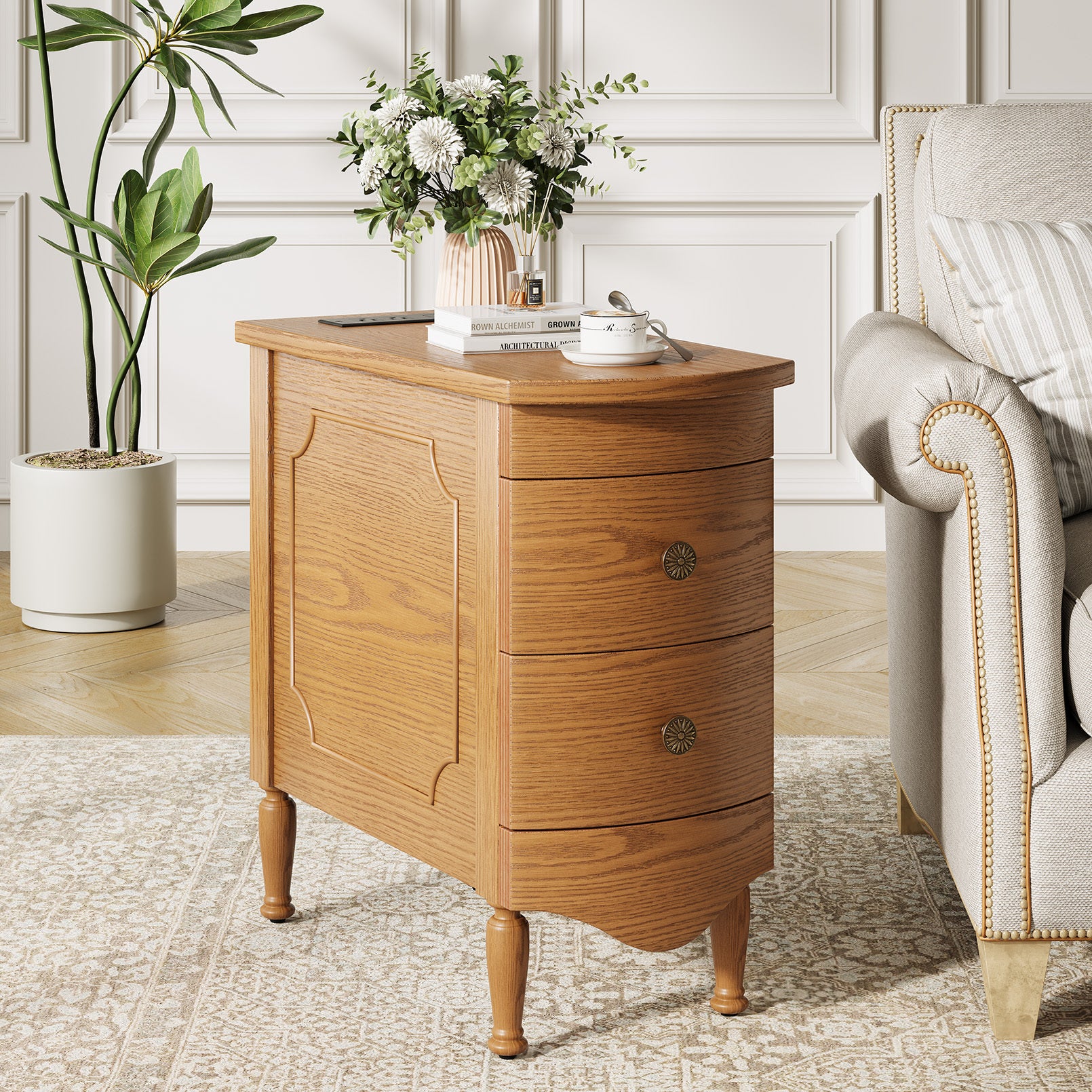 Narrow oak-toned end table with two curved drawers, vintage style, integrated charging station, and solid wood legs.