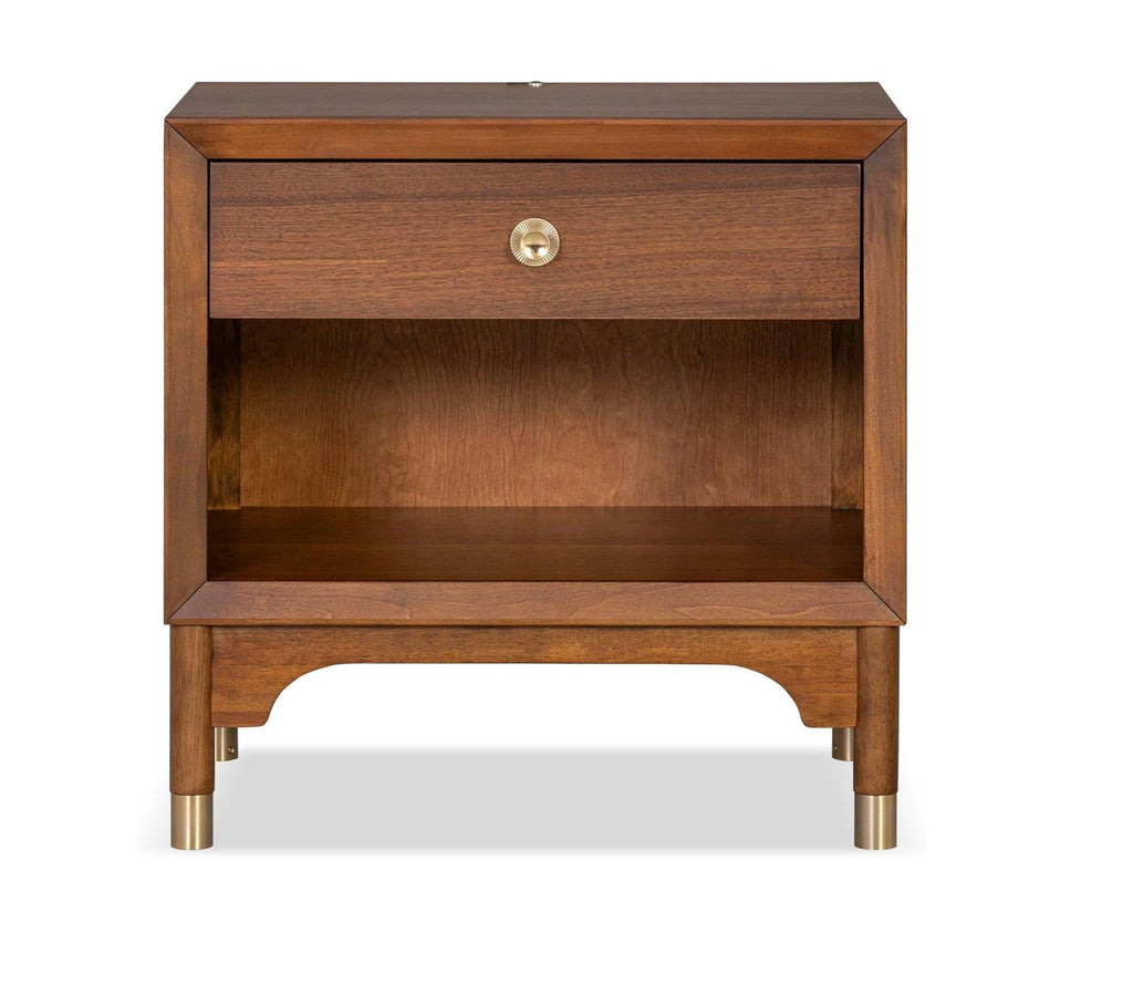 Mid Century Modern Nightstand with USB Port and Gold Legs.