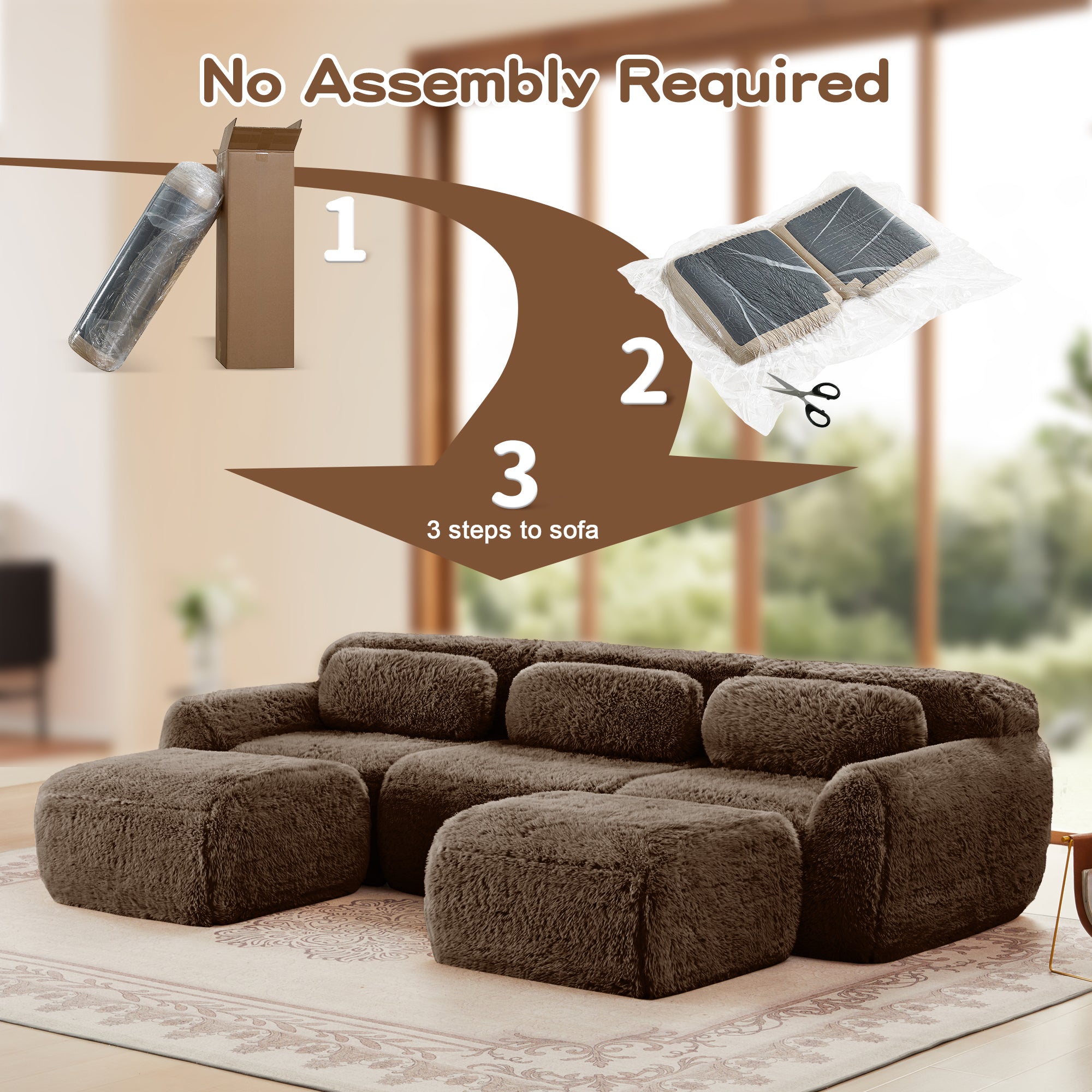 No assembly required for modular U-shaped sofa; simple 3-step setup with compressed packaging for easy installation.
