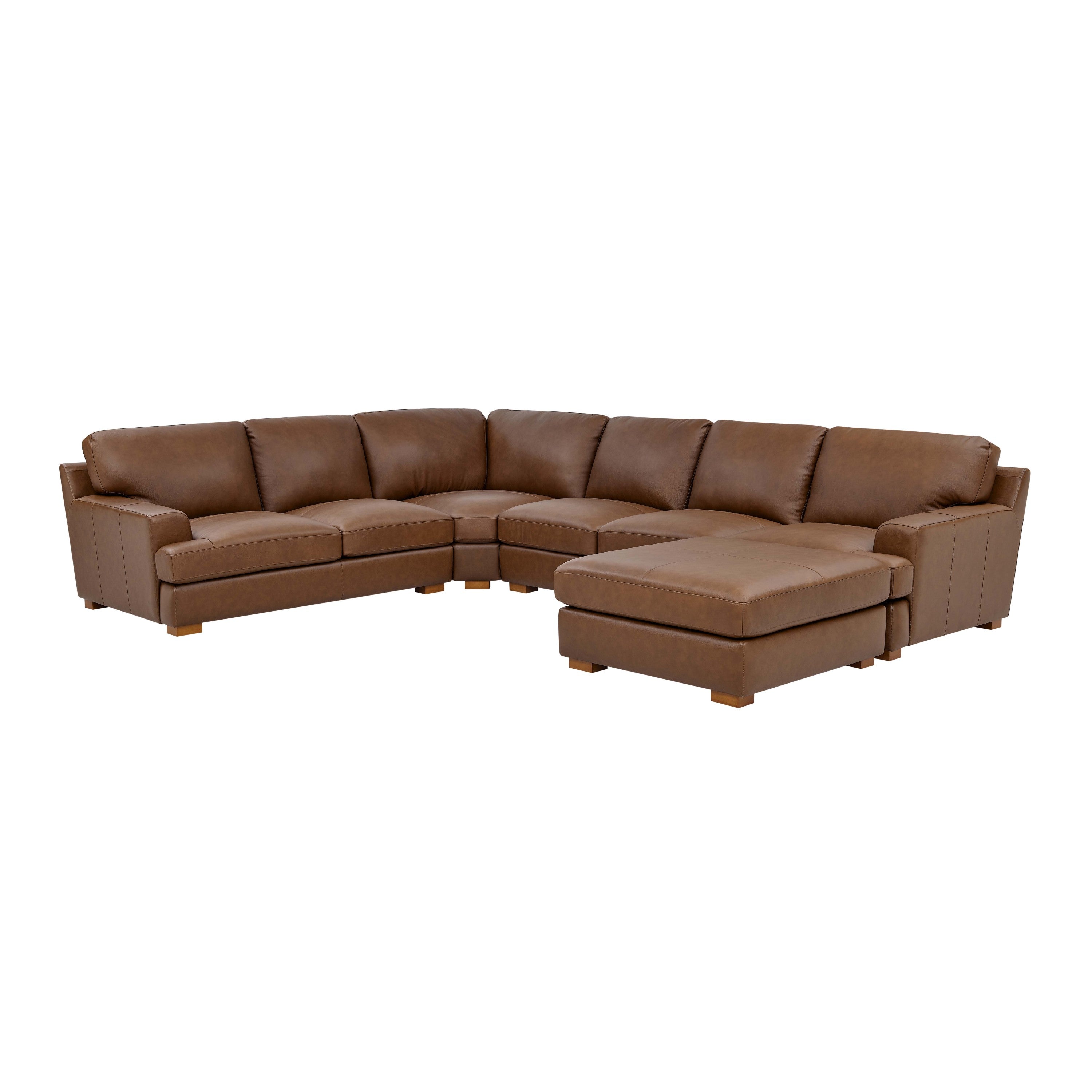 Leather Match Sectional Sofa - Modular Design with 6 Seats and ottoman, crafted in brown leather with clean lines and wooden block feet.