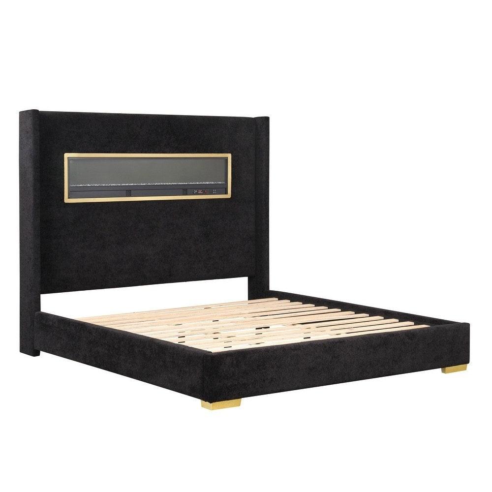 Contemporary Style Black Color 1pc Queen Size Bed Upholstered Fabric Bedframe Bedroom Furniture 3D Fireplace HB.