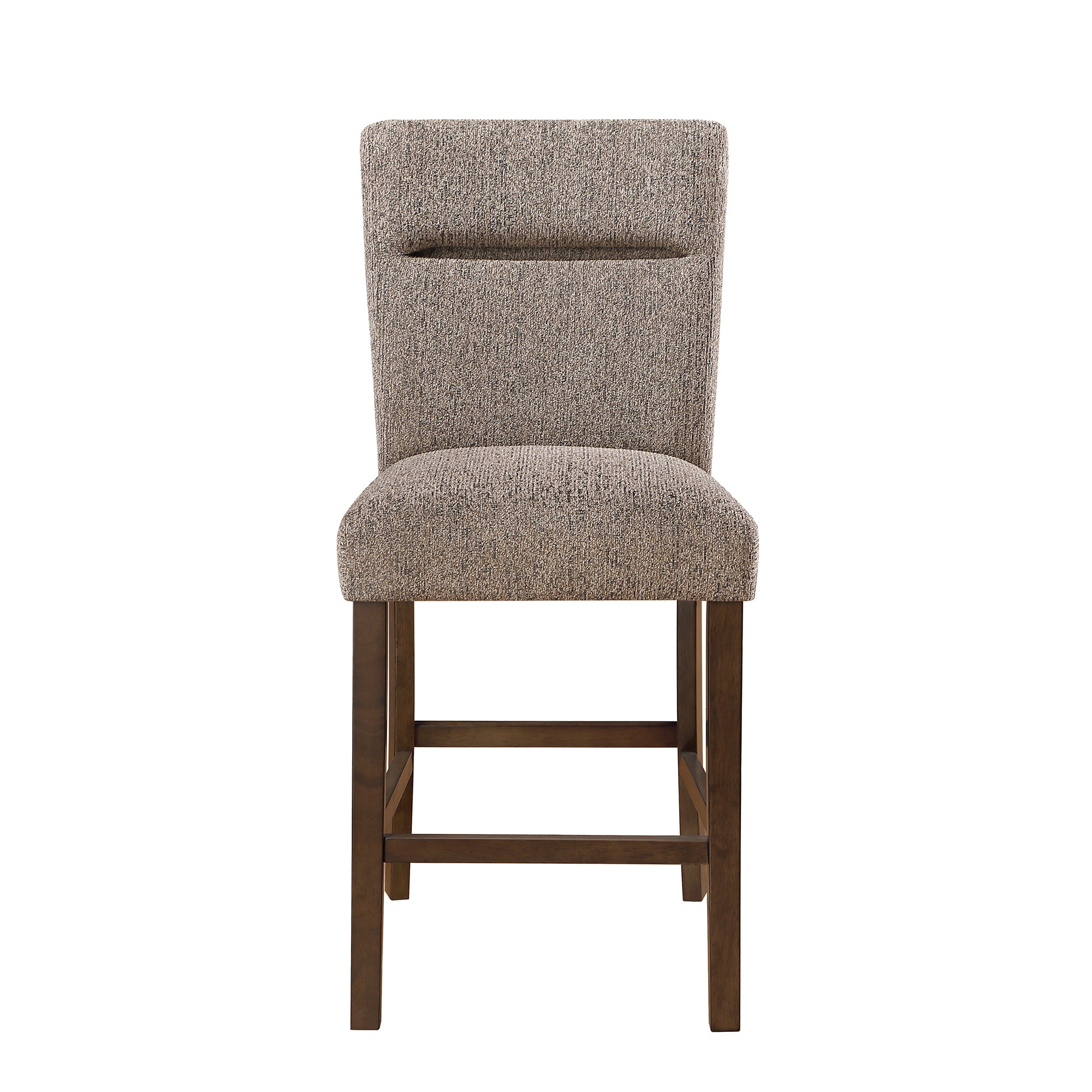 Two brown, extra-padded bar stools with textured fabric upholstery, a horizontal back cutout, and dark wood legs.