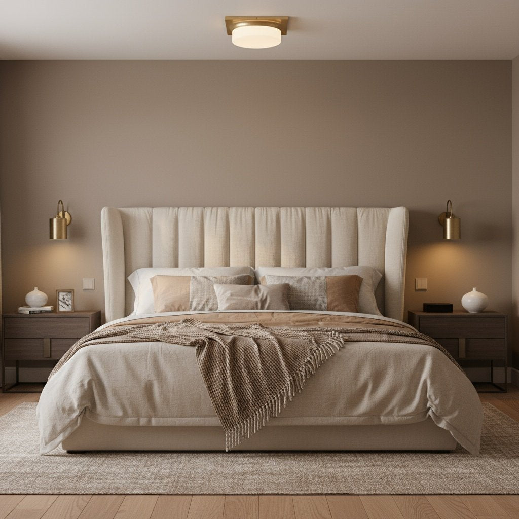Antique Brass LED Flush Mount Light Fixture installed in a modern beige bedroom, providing soft ambient lighting above a tufted bed.