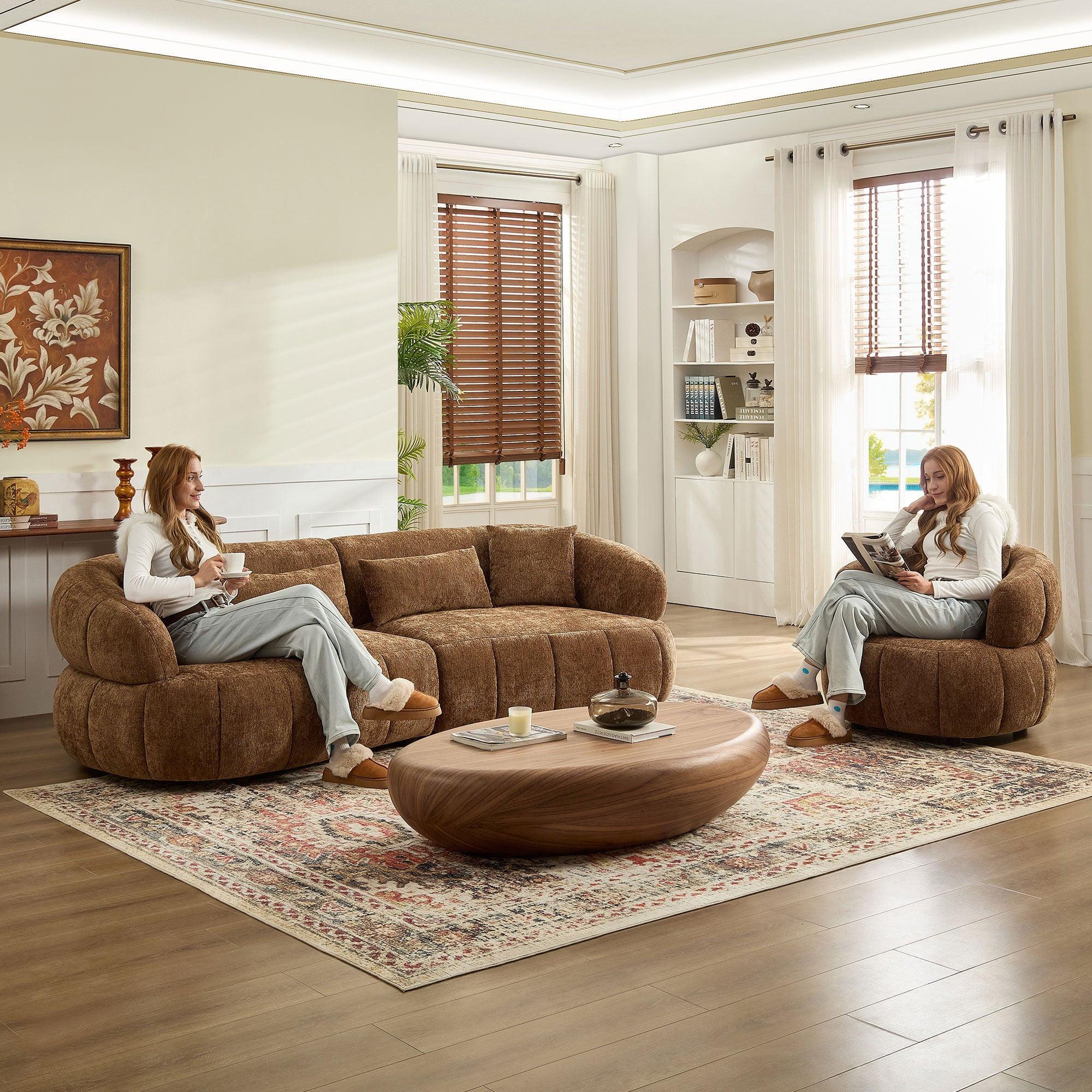 Curved Modern Sofa - 4-Seat Textured Fabric Couch.