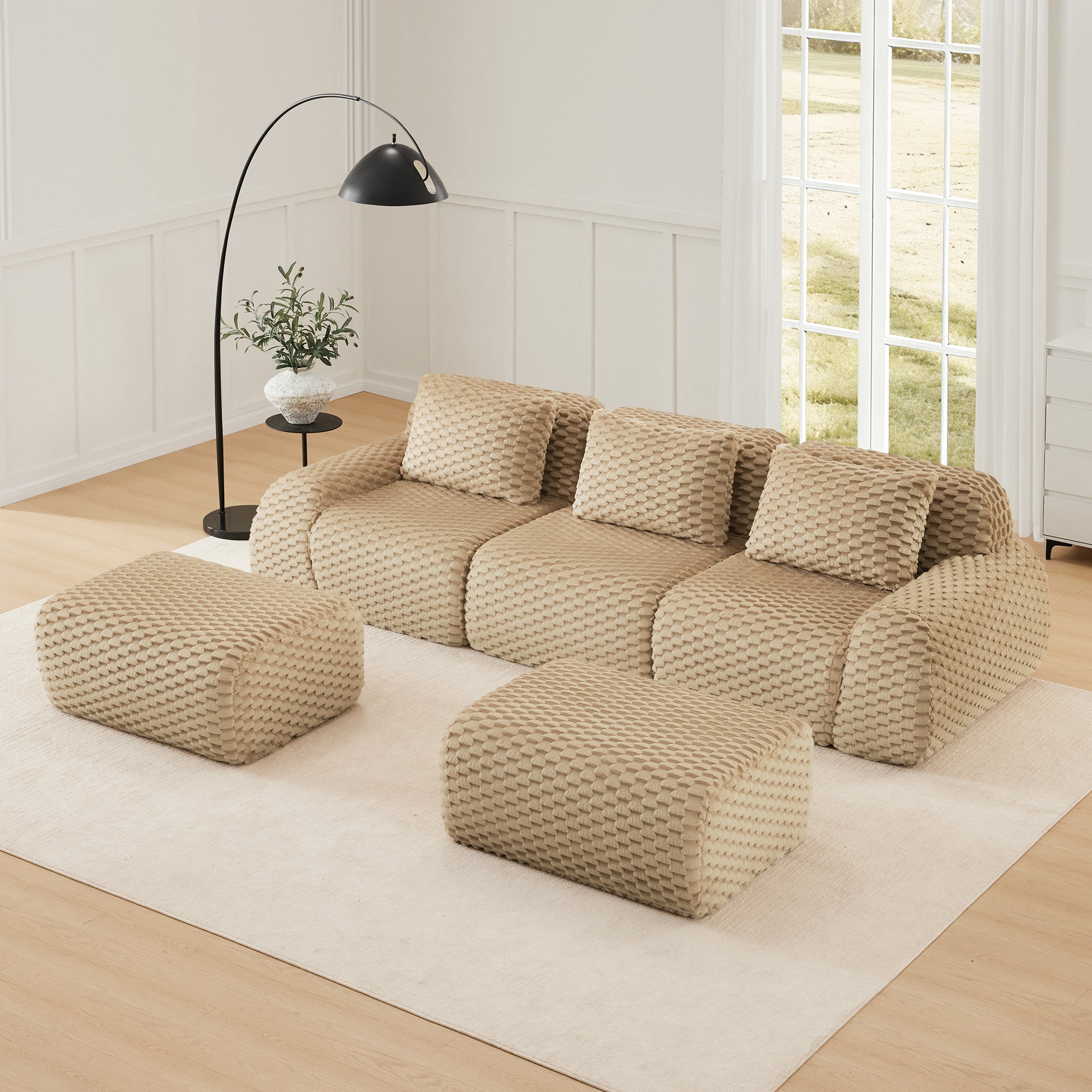Top-down angle of modular U-shaped sectional sofa in flannelette fabric, showcasing flexible ottoman placement and cozy seating.