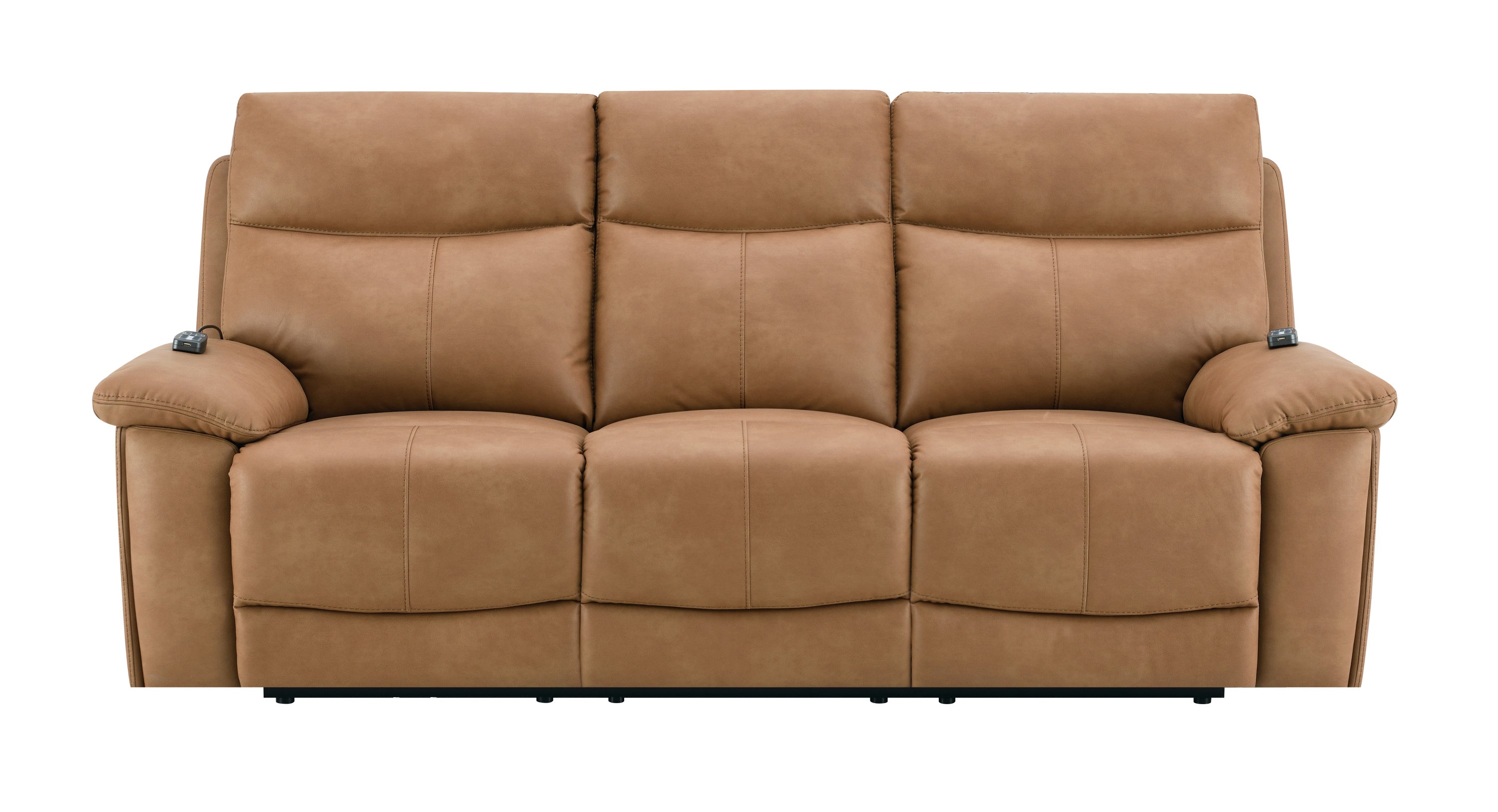 Front view of brown leather reclining sofa with USB and power headrest, featuring three seats and modern stitching detail.