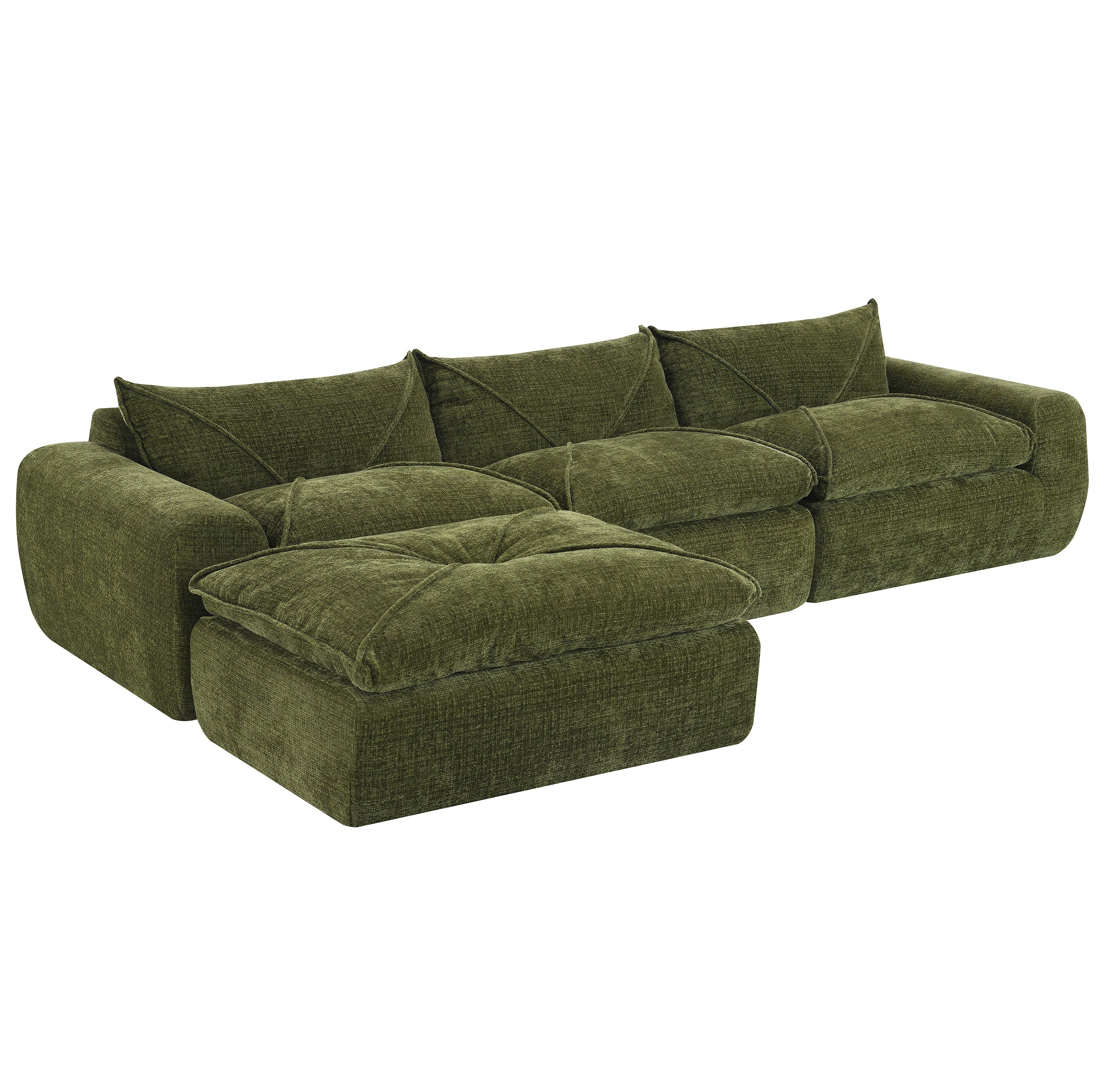 Side view of 116'' compressed sofa with high density foam, highlighting its deep seating and soft chenille upholstery.