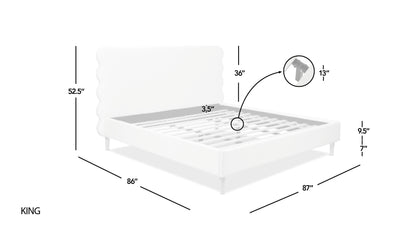 Dimension diagram of the Stockholm Modern king size olive green platform bed with wavy headboard and wood legs.