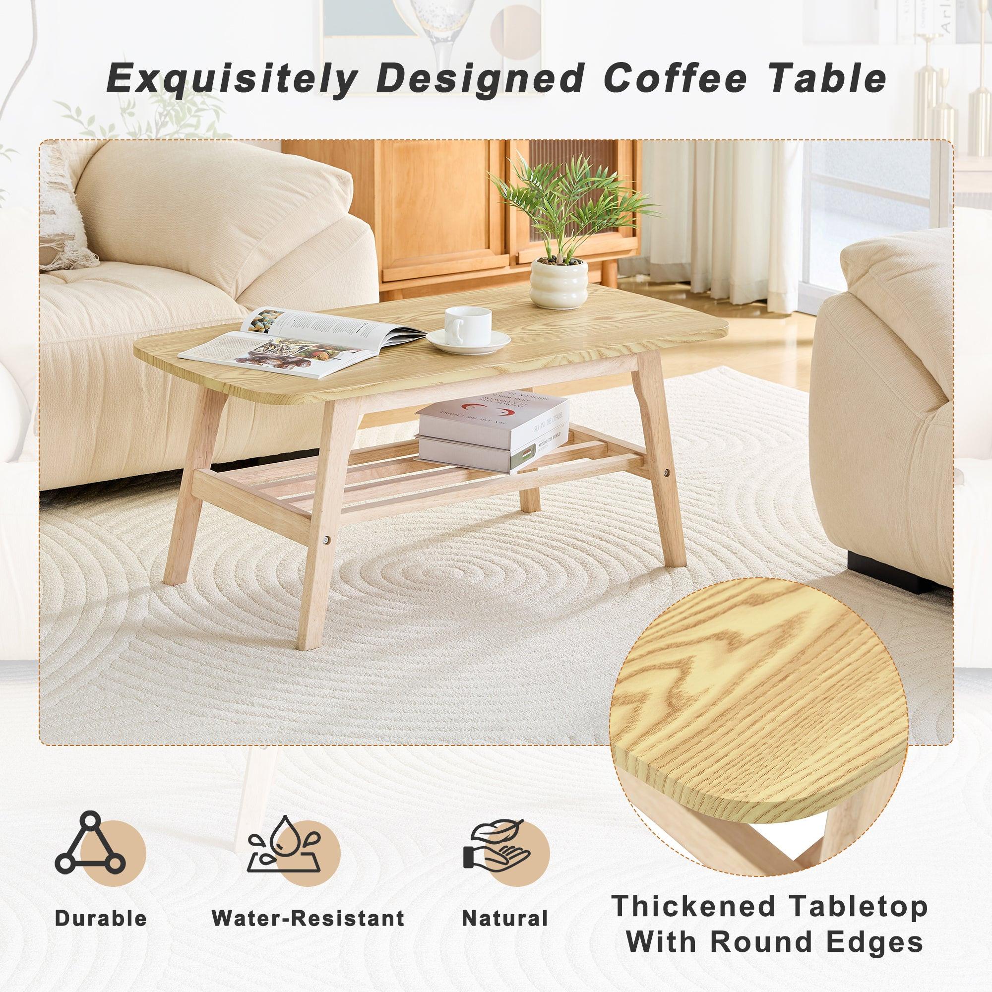 39 Inch Solid Wood Coffee Table with Double Layer Storage.