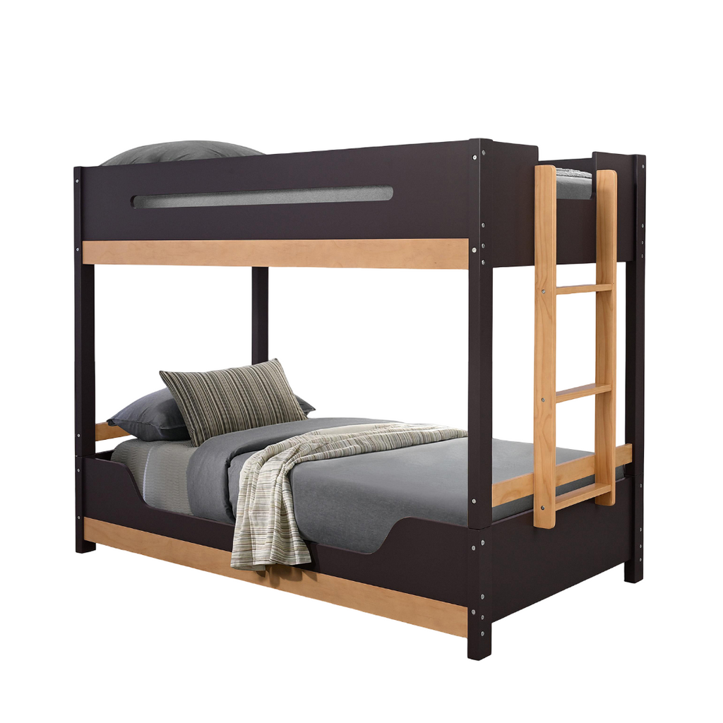Modern Twin Bunk Bed featuring secure insert & lock joints, engineered wood frame, and natural pine ladder for safe and stylish sleeping.