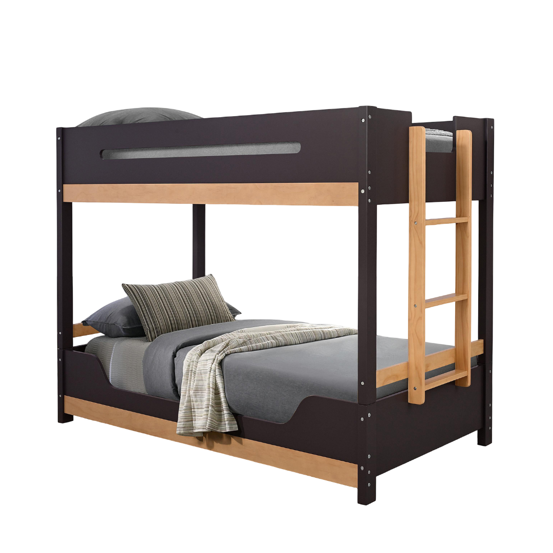 Modern Twin Bunk Bed featuring secure insert & lock joints, engineered wood frame, and natural pine ladder for safe and stylish sleeping.