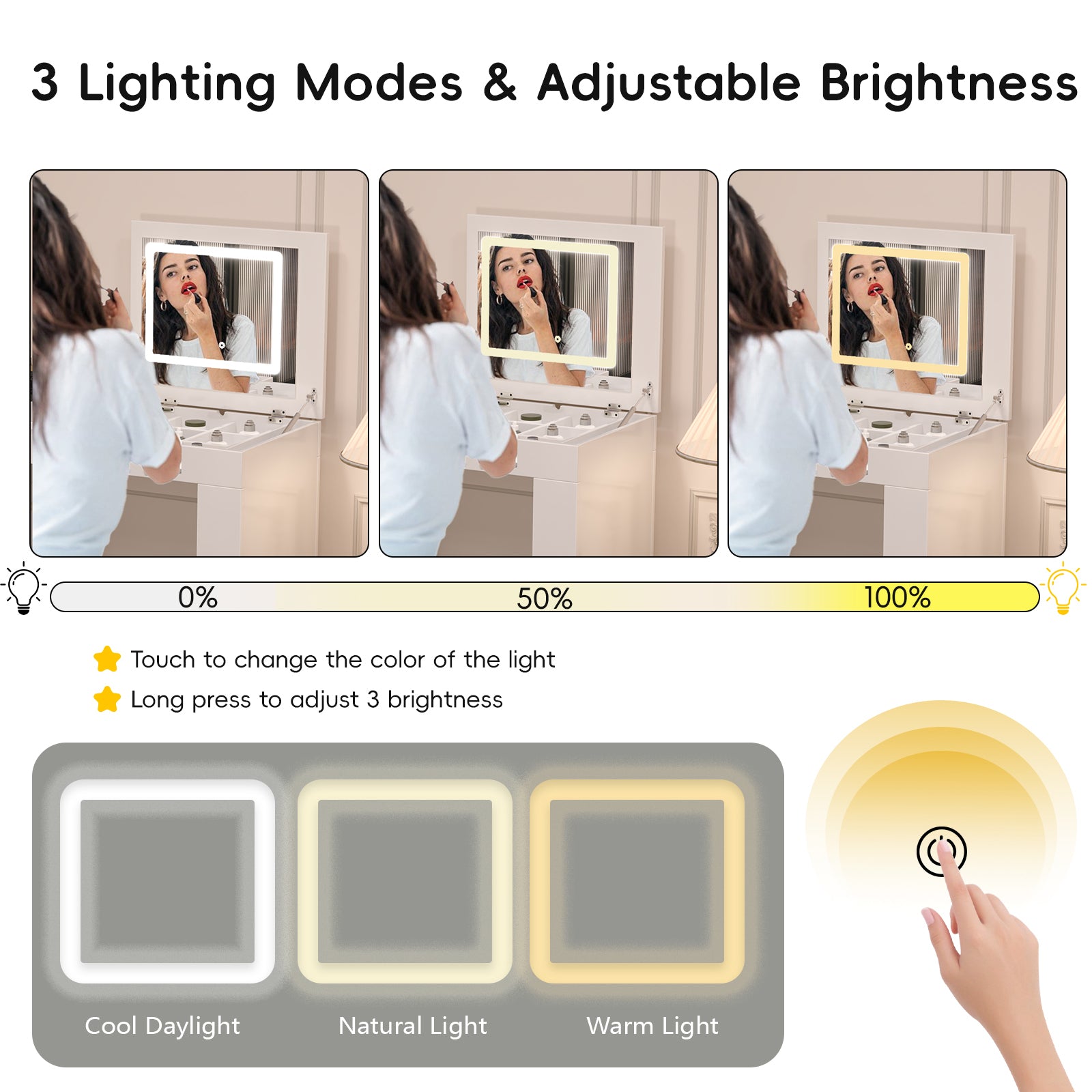 LED vanity mirror with 3 lighting modes and adjustable brightness, ideal for makeup application and grooming.